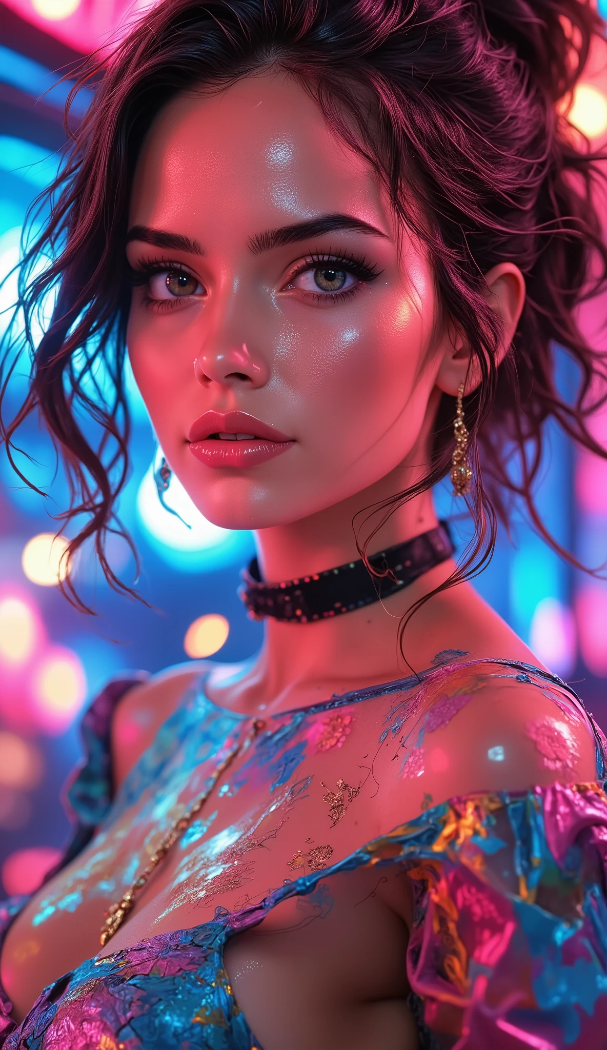 beautiful woman with neon-tattoos holding flowers, with painted-body in cyberpunk aesthetic, high resolution, glowing skin, digital art, dark background, neon colors, neck and body-tattoos, glowing blue eyes, pink flower in hand tattooed body-parts