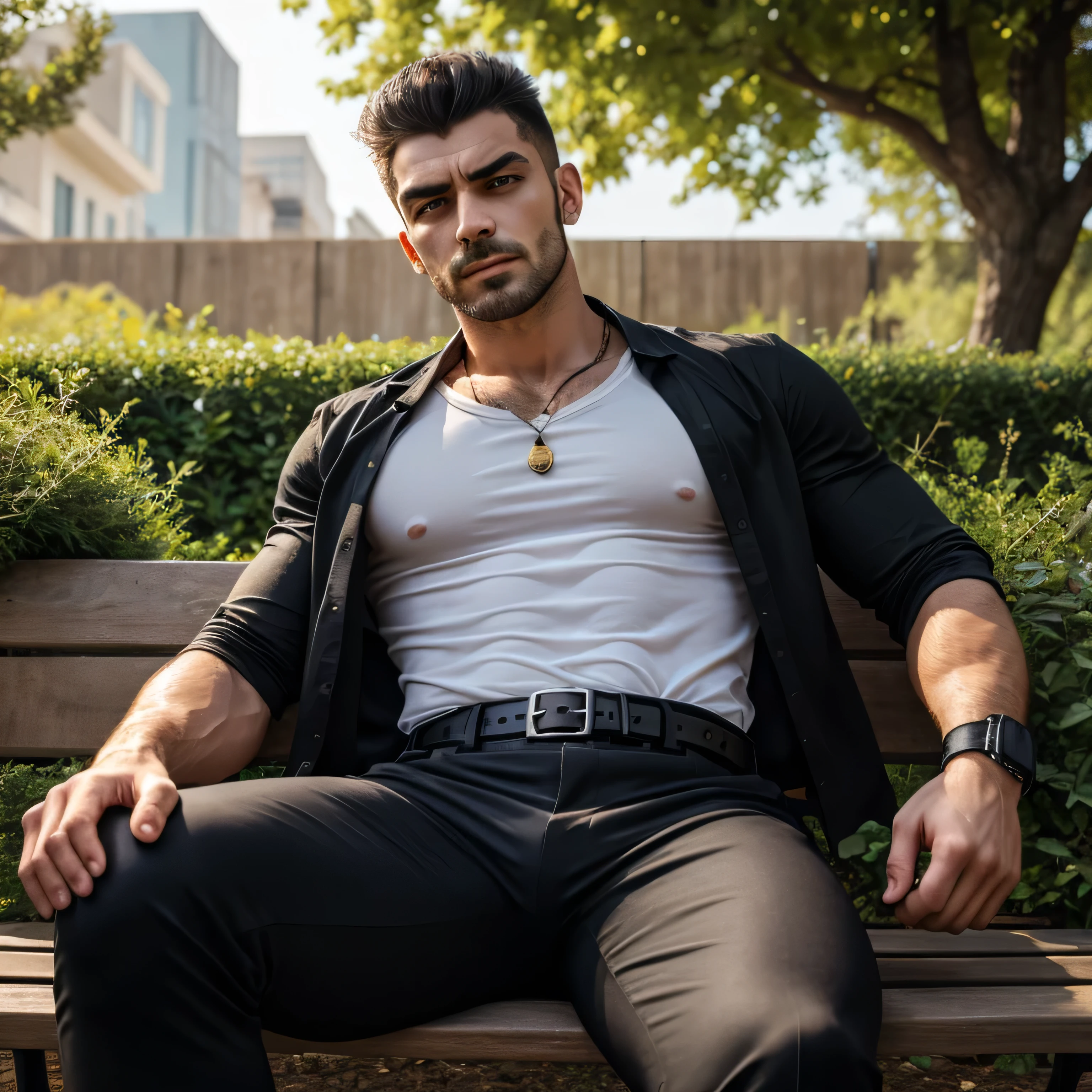 45 year old man, attractive features. Handsome. high. Muscular- toned, in good shape. Dark skinned with tattoos on his right arm (a rattlesnake with flowers around it). trimmed hair and beard. Hair color: jet black with some gray hair. Dull amber eyes. 

outfit: a pair of glasses, a simple but formal white shirt. Beige shape pants with well-polished and shiny black shoes. He looks carefully at his cell phone, frowning slightly.