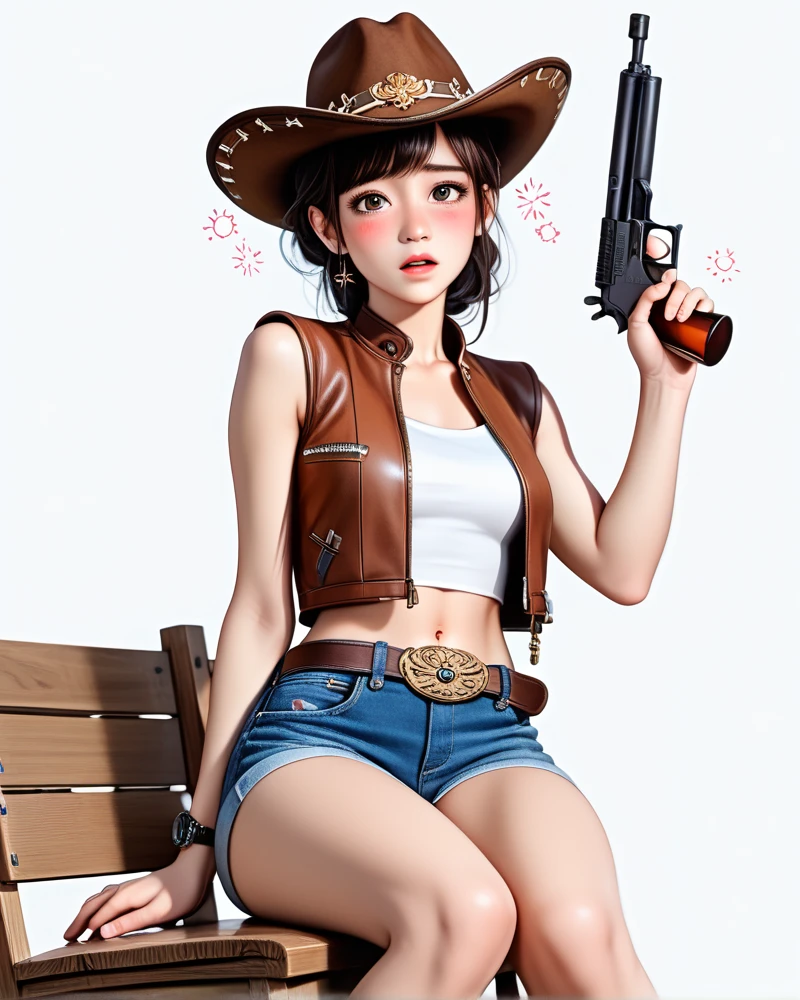 (((1 person:2.5))),(((NSFW:0.5))),(((Wear denim hot pants:1.5))),(((Wear a short-sleeved collared shirt:1.5))),(((Wear a gun belt with a holster:1.8))),,((Wear a watch on your wrist:1.5))),(((Showing cleavage))),(((Exposed thin inner thighs))),(((Small breasts:1.5))),(((Navel exposed:1.5))),(((Bare arms))),(((Put on your boots:1.5))),((Blushed:1.8)), Beautiful detailed girl, Very detailed目と顔, 緻密でBeautiful Eyes, Very detailed, High resolution, Highest quality, masterpiece, Very detailed, 8k wallpaper, wonderful, finely, Highest quality,(Standing in front of a wooden wall),Beautiful Eyes,((Engage your audience:1.5))