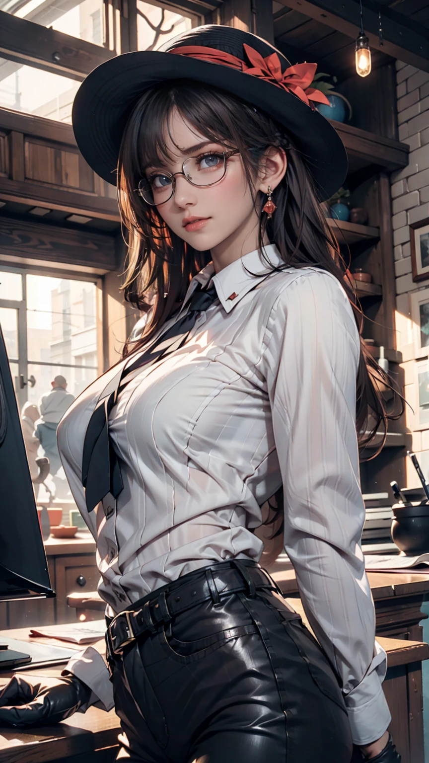masterpiece, High quality CG, anime, figure, Highest quality, One person, bound, bondage, Beautiful Face, Detailed face, Cowboy Shot, Tokkebi, One person, alone, View your viewers,  Black Hair, Braiding, Glasses, Black gloves, belt, pants, Iris, twin Braidings, Striped Hair, Black Hat, Bodysuits, black pants, 丸いGlasses, black Bodysuits, Beanie, Hair behind the ear, 