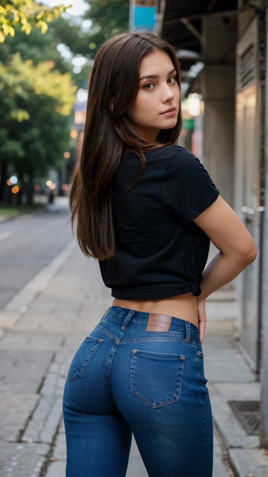all-body, far away_body hair, fabulous, city girl, to divide, European appearance, sporty figure, rear view, shot from behind, Look back, visual, jeans & t - shirt , hot girl, shopping , (work of art), best qualityer, A high resolution, extremely detaild, nblurry background, Depth of field, cinematic lighting,