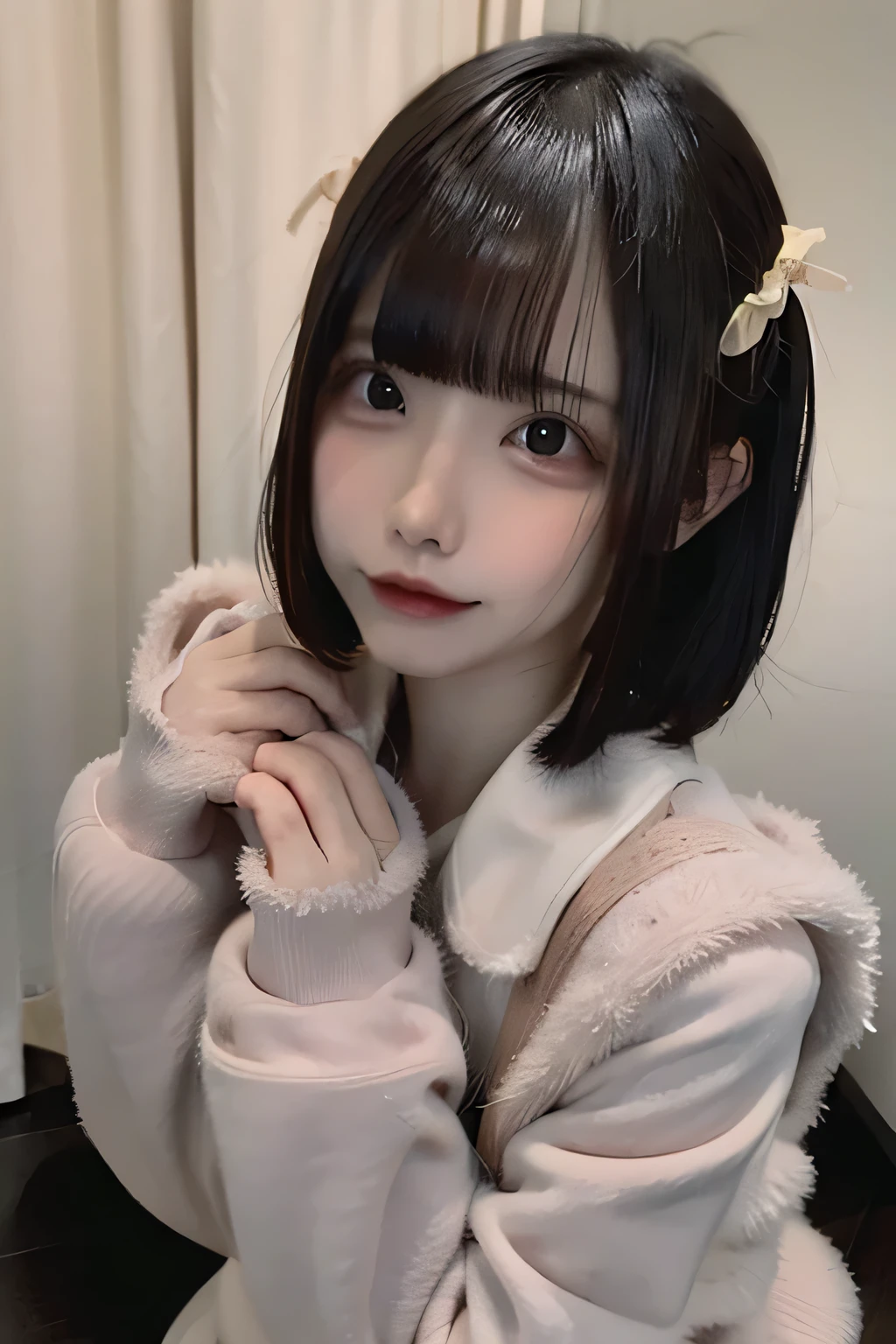 masterpiece, best quality,1girl, solo, black hair, realistic, looking at viewer, black eyes, long hair, oversized sweater, bangs, lying on bed side ways, closed mouth, upper body, hime cut