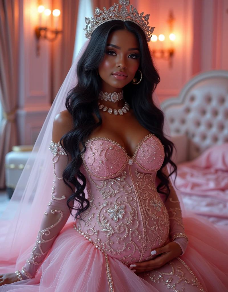 beautiful black woman in pink ball gown