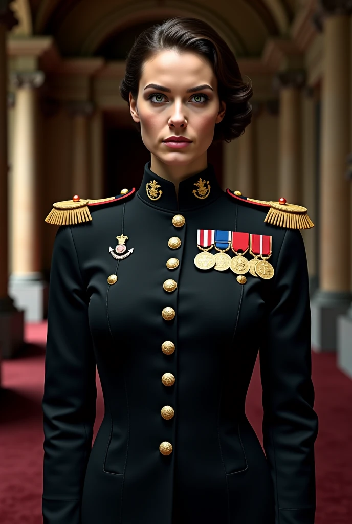Military woman in evening dress with loose tie 