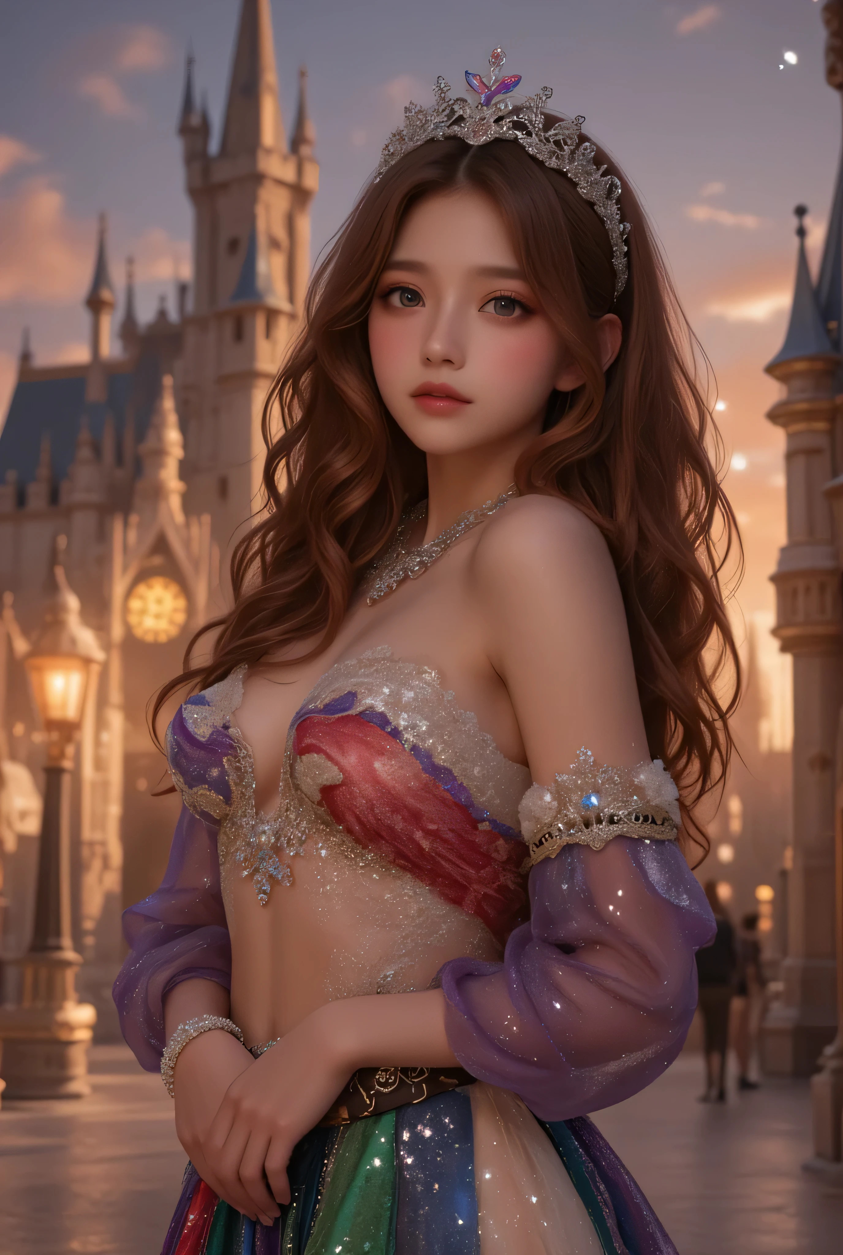 lors, deep contrast, super real, pink lipstick, lovely atmosphere, cinematic composition, close-up of face. She is wearing a breathtakingly opulent princess dress with flowing, multi-layered fabrics in a mesmerizing blend of royal blue, deep crimson, emerald green, and shimmering violet, creating a dazzling gradient effect. The dress is adorned with intricate golden and silver embroidery, forming delicate floral and celestial patterns, intertwined with radiant, sparkling gems in shades of sapphire, ruby, emerald, and amethyst. The off-shoulder design is enhanced with sheer, shimmering fabrics that drape elegantly, catching the light like woven stardust. Her bodice is encrusted with fine jewel embellishments, and a beautifully detailed silver and gold belt cinches her waist, adding to the regal elegance. She also wears a dazzling gemstone necklace, a delicate tiara of intertwined silver and gold adorned with pearls and precious stones, and an exquisite matching bracelet.
She stands gracefully in front of a magnificent castle with towering spires, intricate stonework, and glowing stained-glass windows that cast a kaleidoscope of colors onto the grand courtyard. The castle is bathed in the golden light of a setting sun, with the sky painted in warm hues of orange, pink, and purple. Ethereal sparkles fill the air, adding a magical glow to the scene. Her expression is serene, confident, and regal, exuding the grace and charm of a true fairy-tale princess in a fantastical, enchanted world.