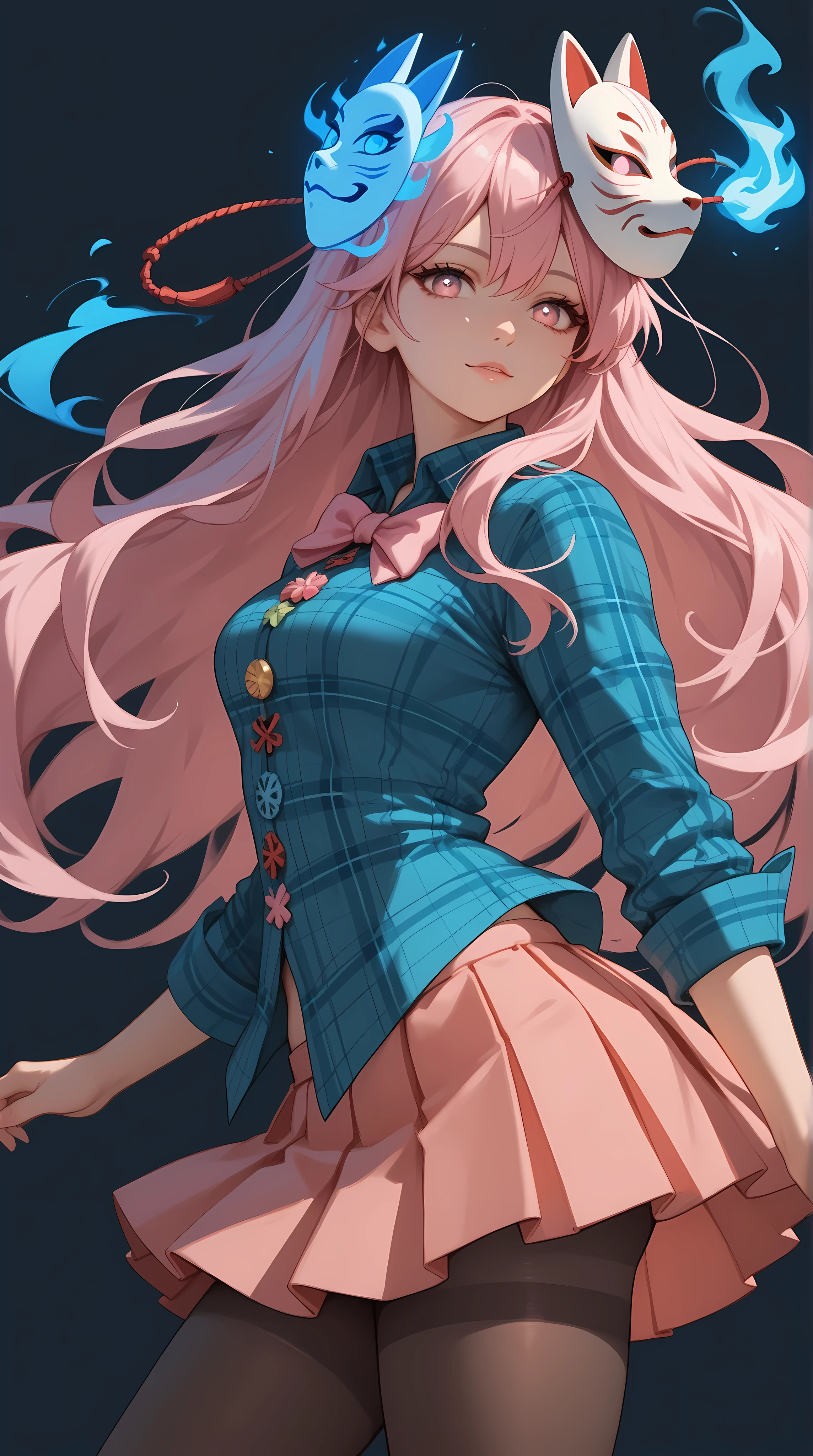 ( ,   Very nice work   .,      top quality     , , very   high definition   ),     1 girl    ,      Hata no Kokoro     ,      Fox Mask,      Pink Hair,      long hair,      Pink Eyes     ,      emotionless face      ,  ,  mask on the head   ,   With the mouth closed     ,      blue plaid shirt  ,  Pleated skirt,     Blue Flame,     Standing Pose ,  simple background  ,  top detail  ,    high definition    ,   perfect breasts   ,  Tights ,   Sexy pose   , Attractive