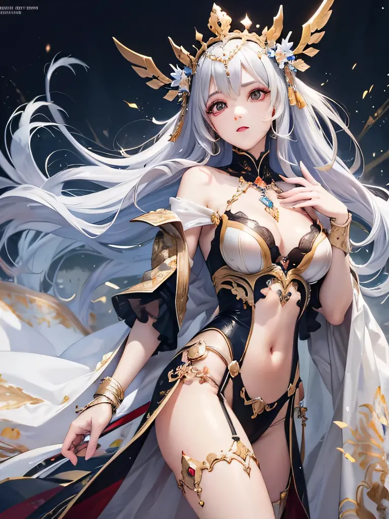 Uma mulher de cabelos e asas brancas posa em frente a uma moldura dourada, deusa anime, divindade de cabelos brancos, uma bela imperatriz fantasia, portrait knights of zodiac girl, fanart melhor artstation, ((uma bela imperatriz fantasia)), 8k arte detalhada de alta qualidade, 2. 5 d cgi anime fantasia arte, arte de anime digital detalhada, Guweiz em Pixiv ArtStation