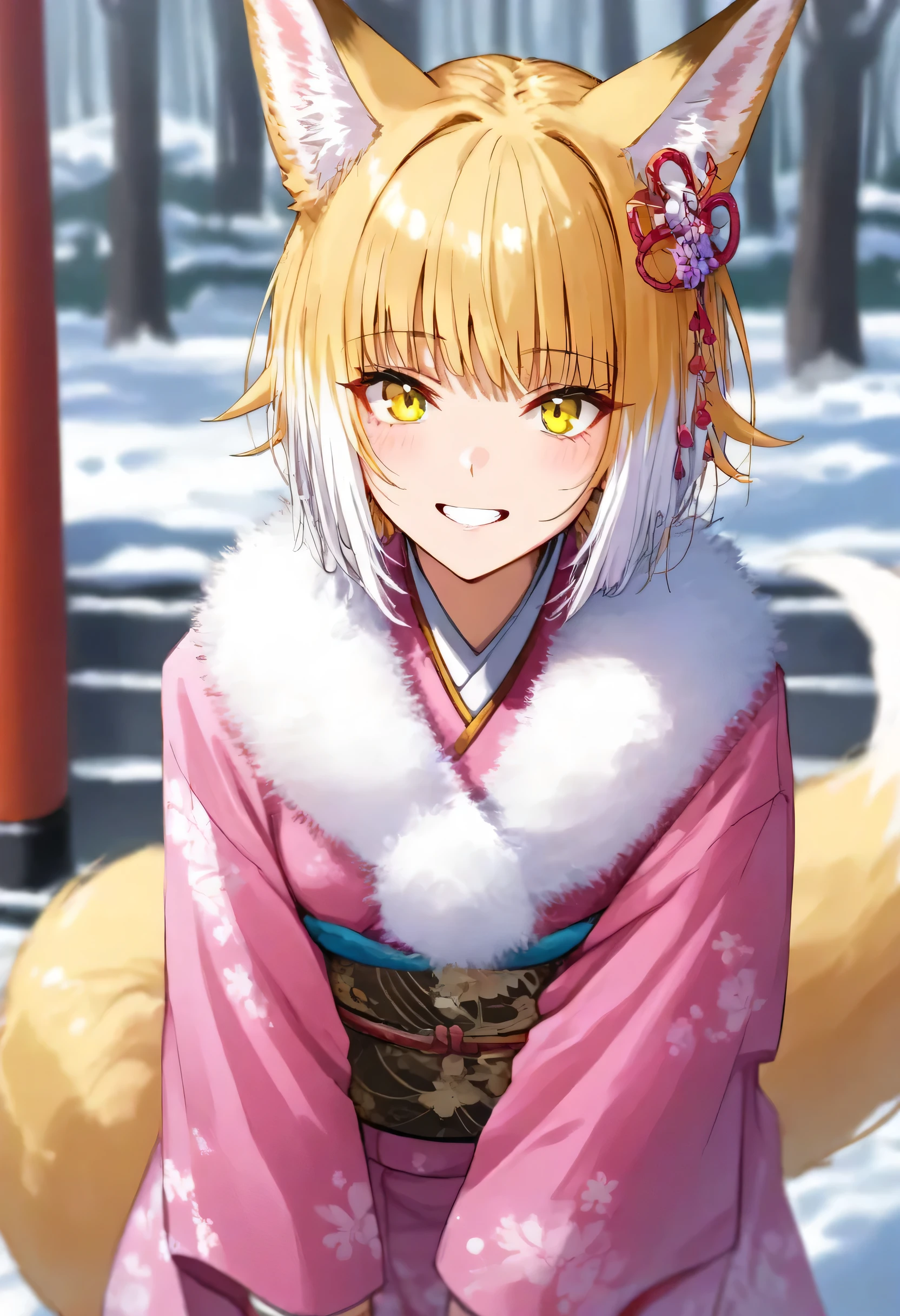 aruhshura, score_9, score_8_up, score_7_up, score_6_up, score_5_up, score_4_up, source anime, 1girl, tail, animal ears, blonde hair, fox tail, fox ears, solo, fur trim, yellow eyes, bangs, shiny hair, kimono, hair ornament, shiny, multicolored hair, long sleeves, short hair, teeth, parted lips, wide sleeves, grin, upper body, torii