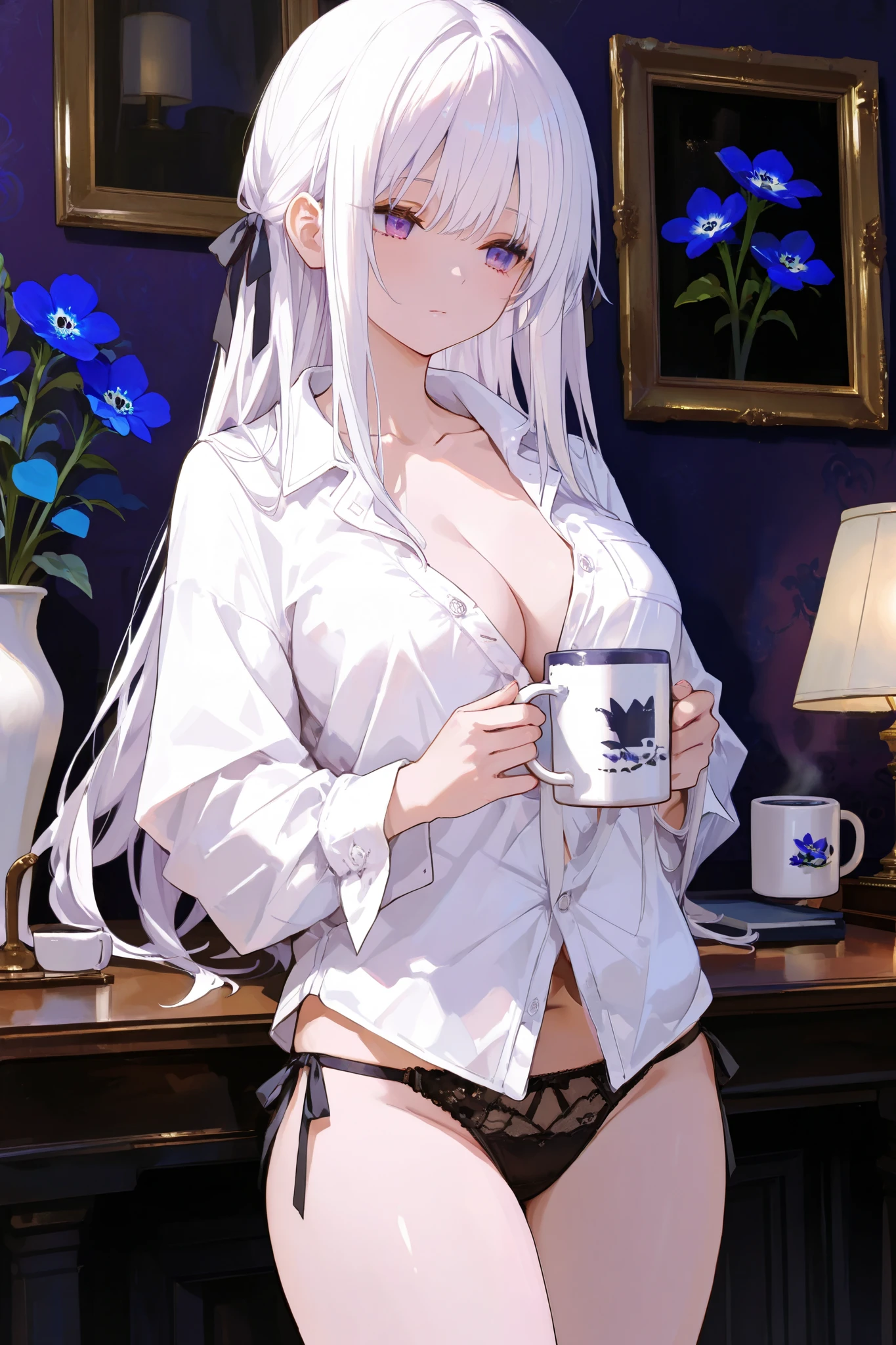 Girl, cat ears, white hair, NSFW, naked, big breasts, thick thighs, sitting on a chair, (legs crossed pose), shy expression
