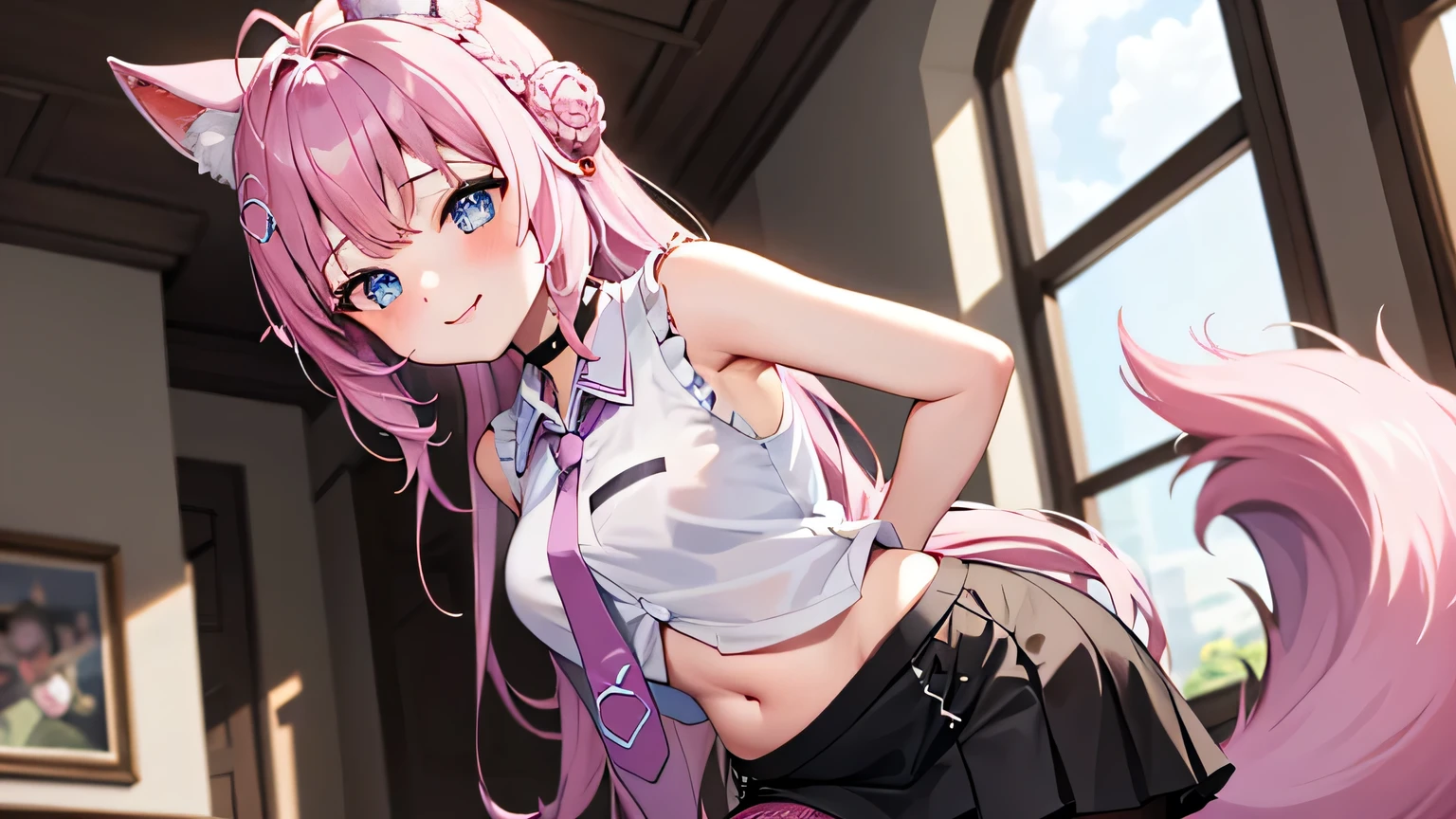The Masterpiece,best qualiy,Hi-Res,standing a,DEF1,lora:Koyori-000015:1,pink tie,tights,hairornaments,Lilac eyes,One-sided braid,Sorrisos,1girl, animal ear fluff, animal ears, arm behind back, bangs, black choker, black skirt, blue eyes, blush, braid, braided bun, breasts, brown pantyhose, choker, closed mouth, cowboy shot, (pose), crown braid, double bun, frilled skirt, frills, hair bun, hair ornament, hakui koyori, indoors, long hair, medium breasts, midriff, miniskirt, navel, necktie, pantyhose, pink hair, pink necktie, shirt, skirt, sleeveless, sleeveless shirt, smile, solo, standing, tail, hite shirt, wolf ears, wolf tail, masterpiece,highres,best quality, masterpiece, best quality, ultra-detailed, Koyori looking down slightly with a nervous smile