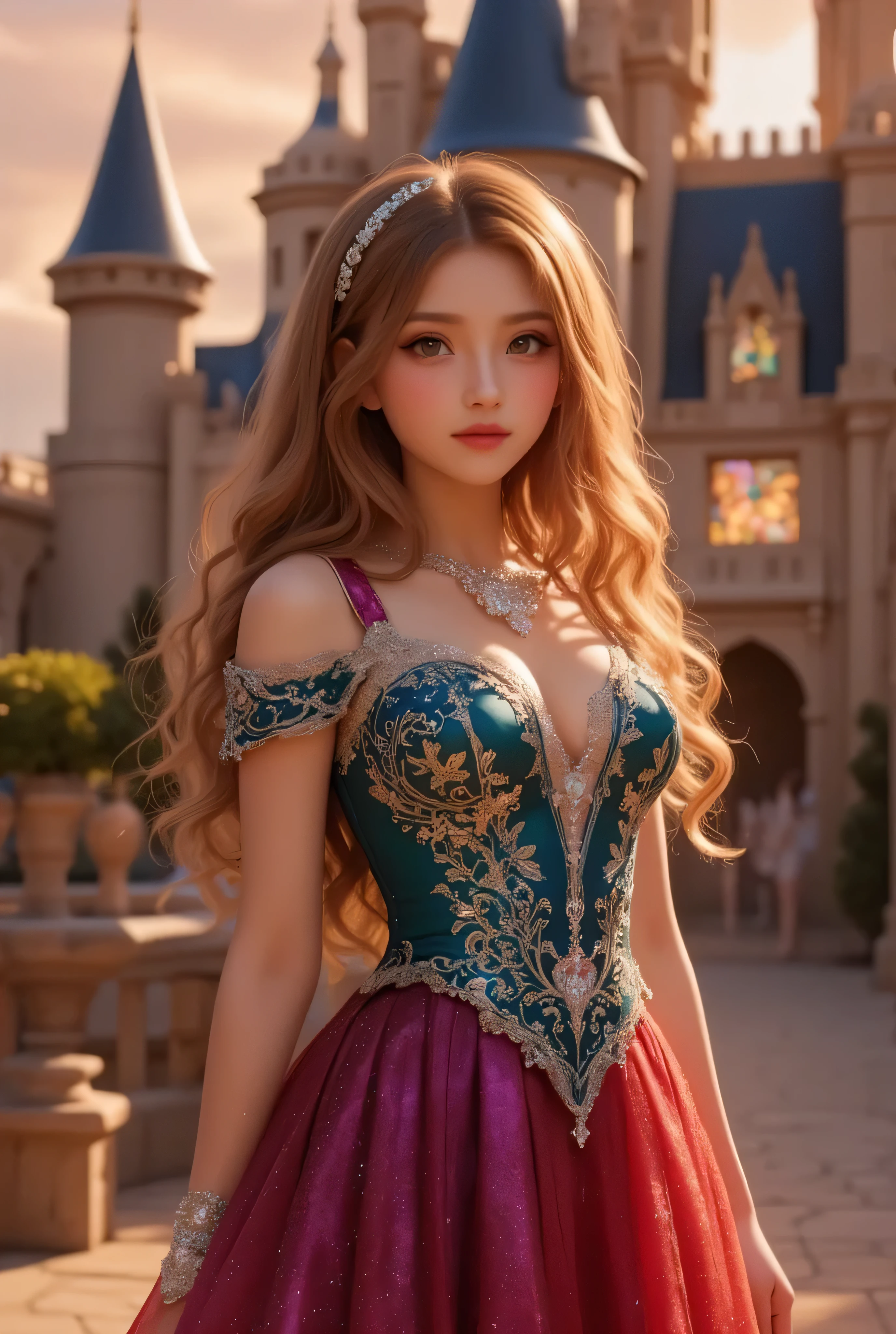 lors, deep contrast, super real, pink lipstick, lovely atmosphere, cinematic composition, close-up of face. She is wearing a breathtakingly opulent princess dress with flowing, multi-layered fabrics in a mesmerizing blend of royal blue, deep crimson, emerald green, and shimmering violet, creating a dazzling gradient effect. The dress is adorned with intricate golden and silver embroidery, forming delicate floral and celestial patterns, intertwined with radiant, sparkling gems in shades of sapphire, ruby, emerald, and amethyst. The off-shoulder design is enhanced with sheer, shimmering fabrics that drape elegantly, catching the light like woven stardust. Her bodice is encrusted with fine jewel embellishments, and a beautifully detailed silver and gold belt cinches her waist, adding to the regal elegance. She also wears a dazzling gemstone necklace, a delicate tiara of intertwined silver and gold adorned with pearls and precious stones, and an exquisite matching bracelet.

She stands gracefully in front of a magnificent castle with towering spires, intricate stonework, and glowing stained-glass windows that cast a kaleidoscope of colors onto the grand courtyard. The castle is bathed in the golden light of a setting sun, with the sky painted in warm hues of orange, pink, and purple. Ethereal sparkles fill the air, adding a magical glow to the scene. Her expression is serene, confident, and regal, exuding the grace and charm of a true fairy-tale princess in a fantastical, enchanted world.