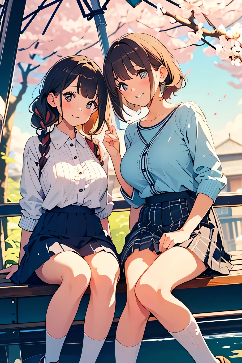 Uruchan-6500-v1.1, (RAW Photos:1.2), (Photorealistic), (Genuine:1.4), 2 Girls、Perfect Anatomy、Looking at the camera、(from the front)(Peace mark with both hands)Medium Long Hair、Grey pencil mini skirt、Plaid vest、((Sitting on a bench:1.3))、(White lace panties:1.2), (Bare legs and high heels)、(Business services)、(A very loving smile:1.2)