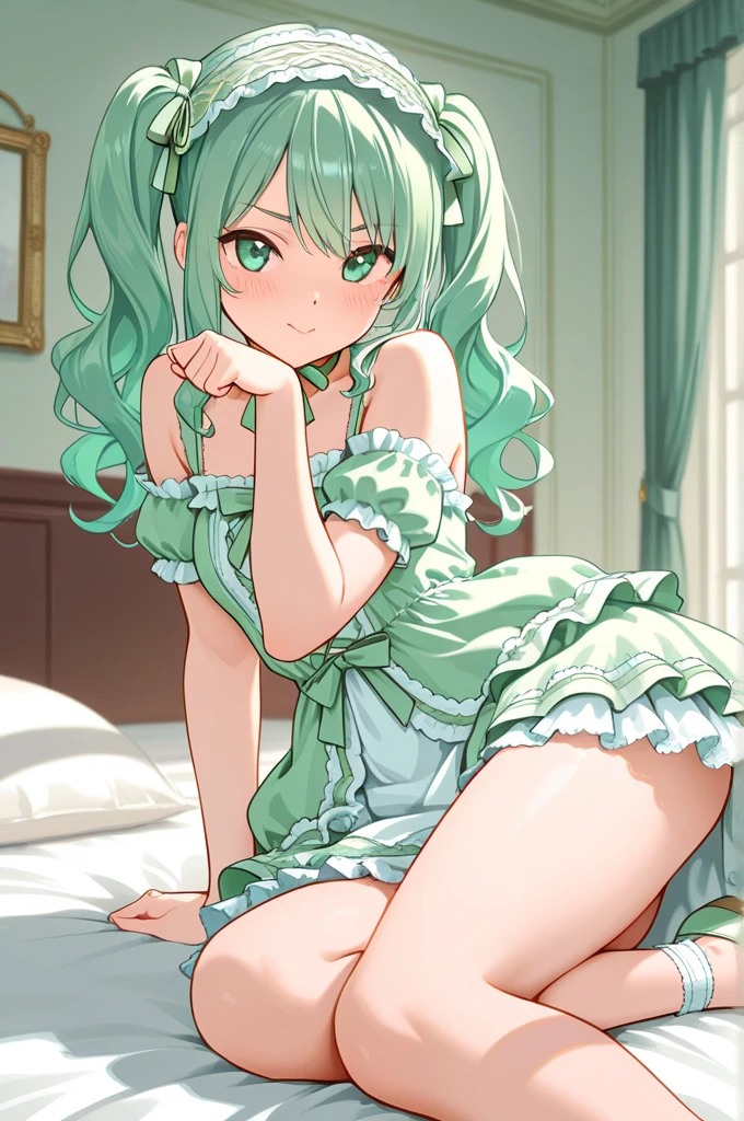 (best quality, masterpiece:1.2), illustrations,
 a cute girl, cute face, kawaii, , 15-year-oldvervinglace,
 short ponytail, pale green hair, shiny hair,
 blue eyes,
 medium breasts,
 BREAK fairy dress,
 BREAK (embarrassed, aroused, blush, open mouth, orgasm, steam:1.2),
 BREAK (lying on back, girl spread legs, leg up, hold own thighs:1.4), pussy juice,
 indoor, bedroom, on the bed, from above,