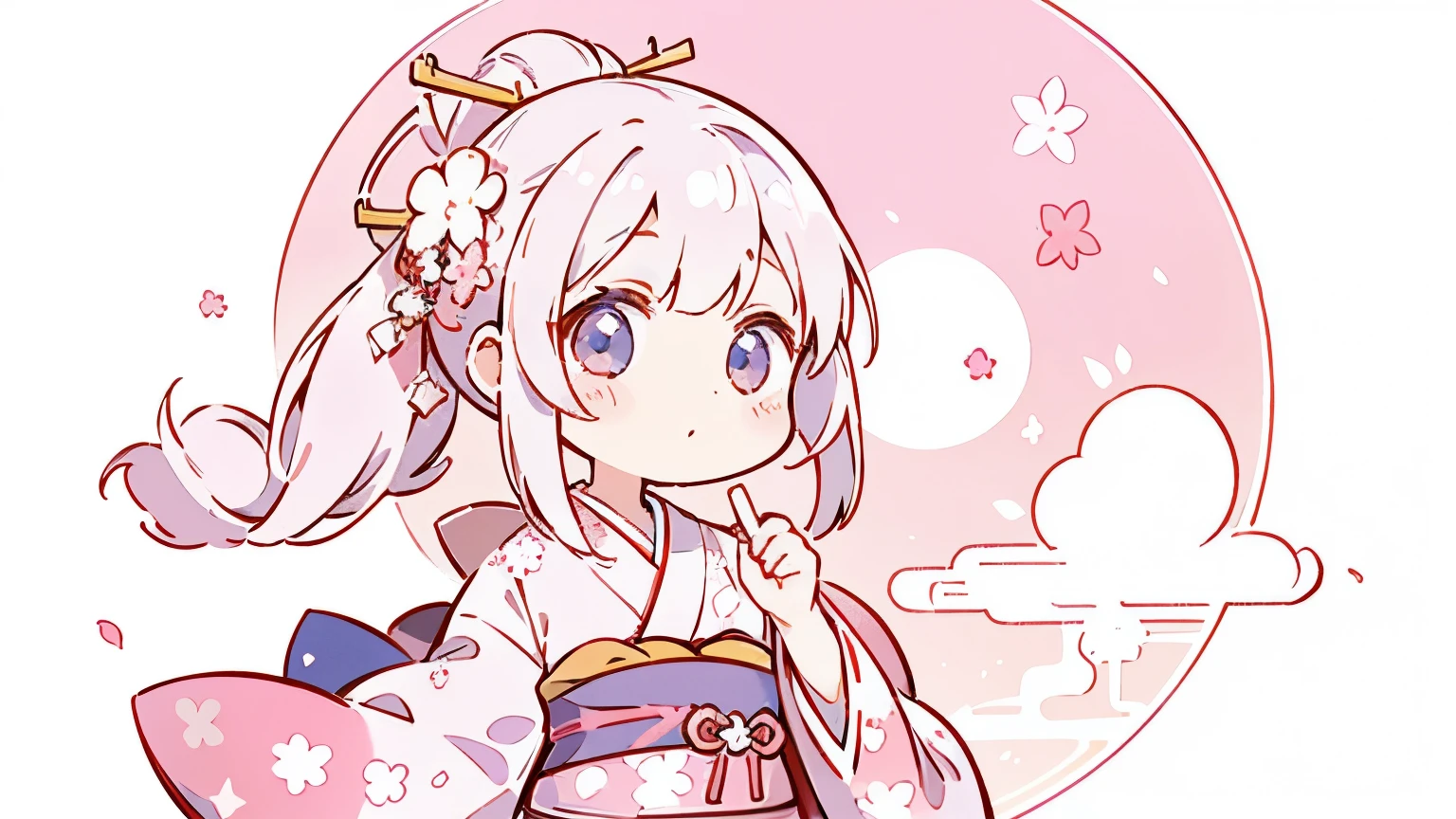 1  stickers ,  stickers , Nikkaze, ( cute girl), ( gorgeous kimono), ( Gorgeous Hair Accessory ), ( traditional Japanese hairstyle ),  cherry blossom, cloud,  behind it is a huge round moon, star,  white background, Background,   simple background , Minimal,  cute, Tiny,  pastel colors ,  vector style ,  without gradients