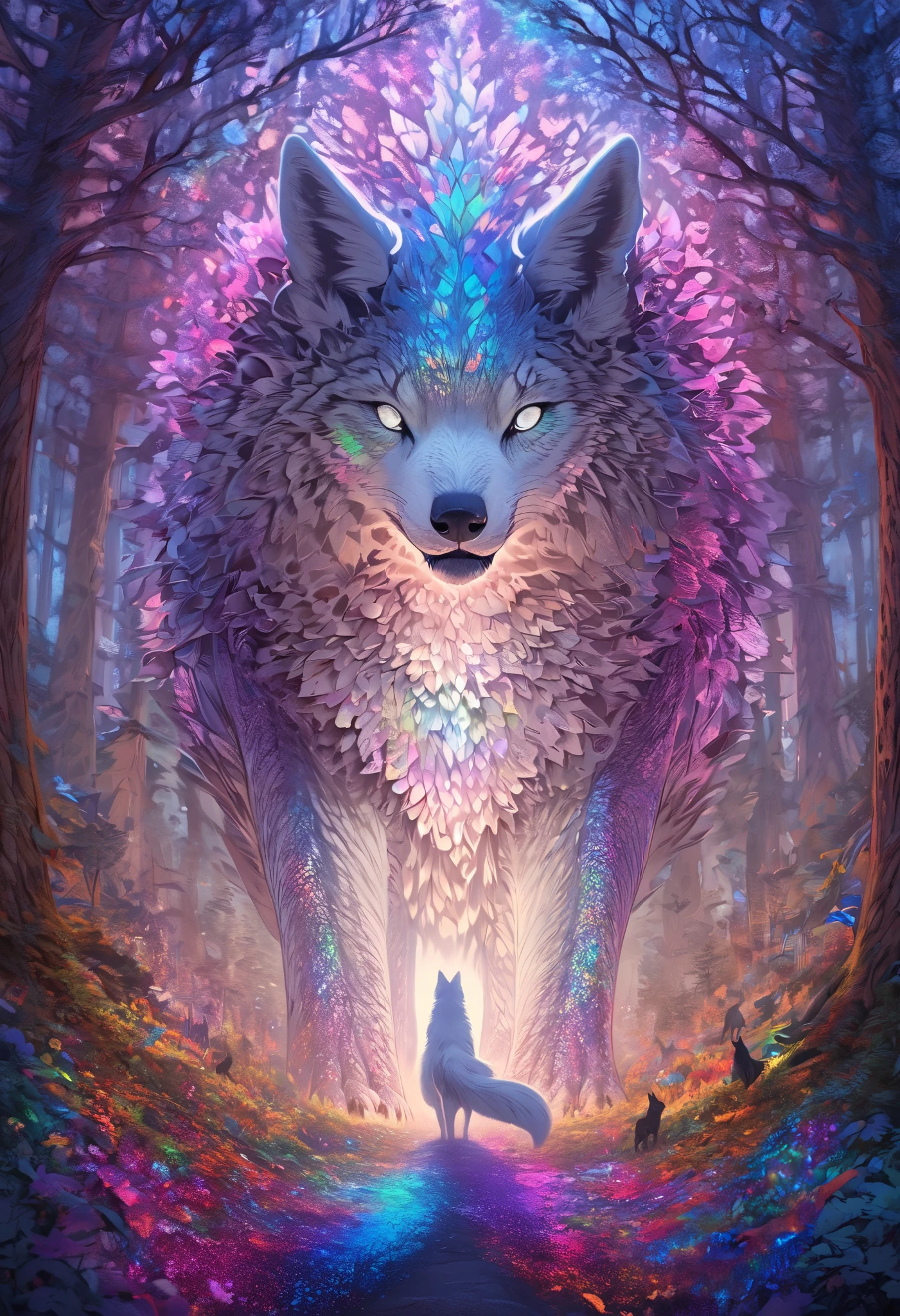ultra detailed, absolutely resolution, masterpiece, Fenrir is a mega huge gigantic creature, much larger than the trees of the forest, with beautiful silvery white long fur and a dignified expression, shining sharp eyes, he lives deep in a mysterious forest, fairytale fantasy wonderland worldview, various colorful iridescent foggy glitter effects, extremely delicate depiction, extremely clear image, fusion of paper cutting and shadow art, conceptual installation fantasy art