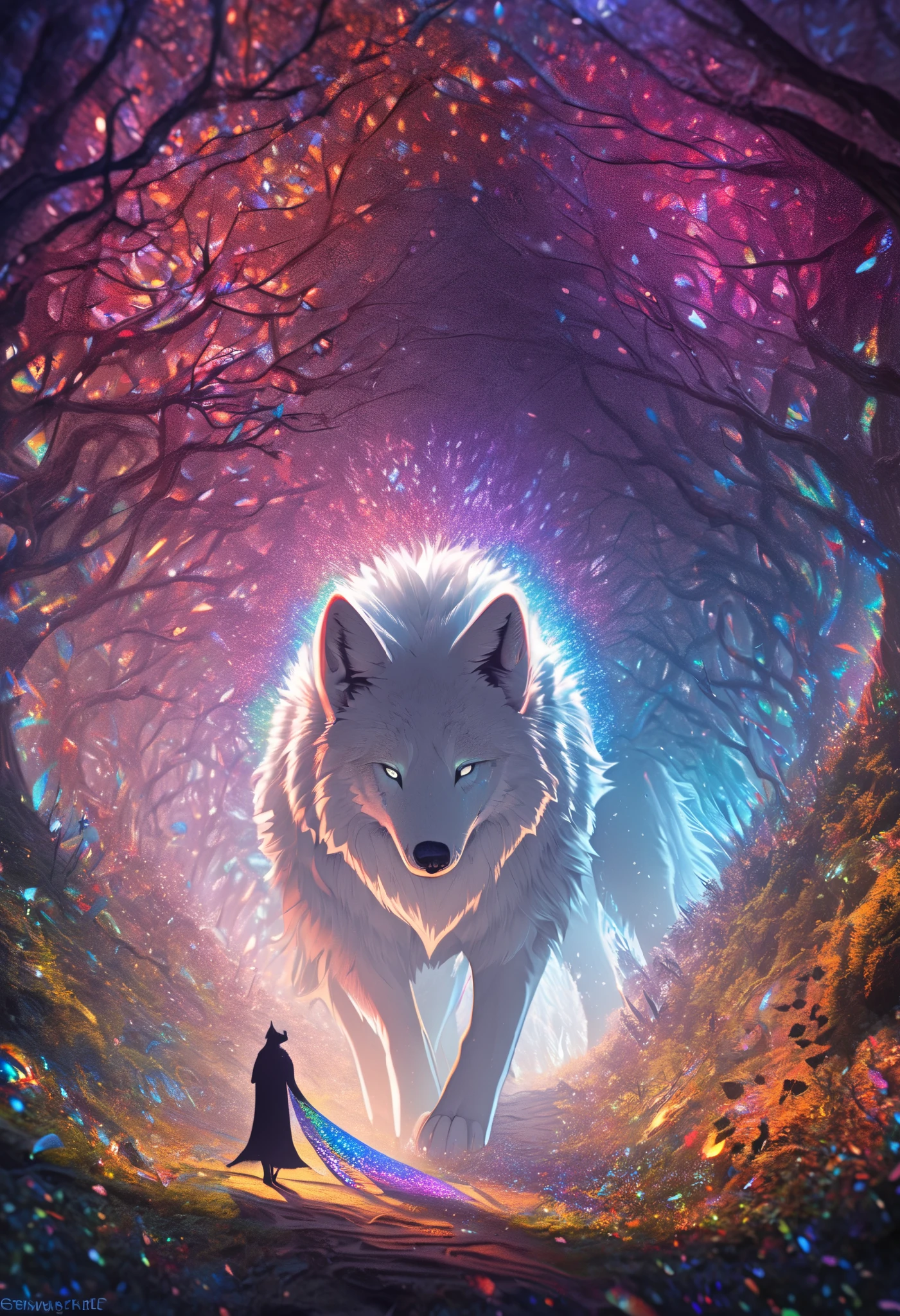 ultra detailed, absolutely resolution, masterpiece, Fenrir is a mega huge gigantic creature, much larger than the trees of the forest, with beautiful silvery white long fur and a dignified expression, shining sharp eyes, he lives deep in a mysterious forest, fairytale fantasy wonderland worldview, various colorful iridescent foggy glitter effects, extremely delicate depiction, extremely clear image, fusion of paper cutting and shadow art, conceptual installation fantasy art