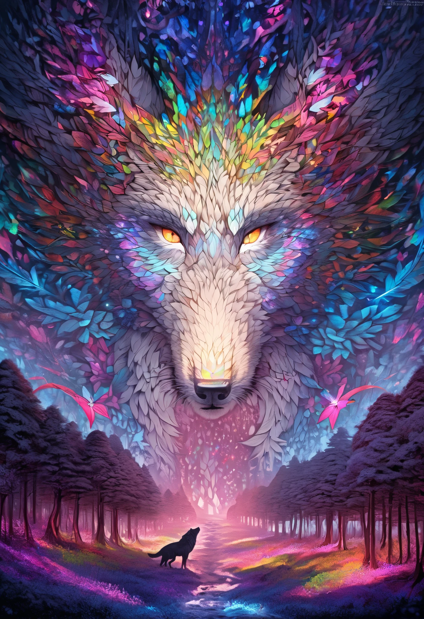 ultra detailed, absolutely resolution, masterpiece, Fenrir is a mega huge gigantic creature, much larger than the trees of the forest, with beautiful silvery white long fur and a dignified expression, shining sharp eyes, he lives deep in a mysterious forest, fairytale fantasy wonderland worldview, various colorful iridescent foggy glitter effects, extremely delicate depiction, extremely clear image, fusion of paper cutting and shadow art, conceptual installation fantasy art