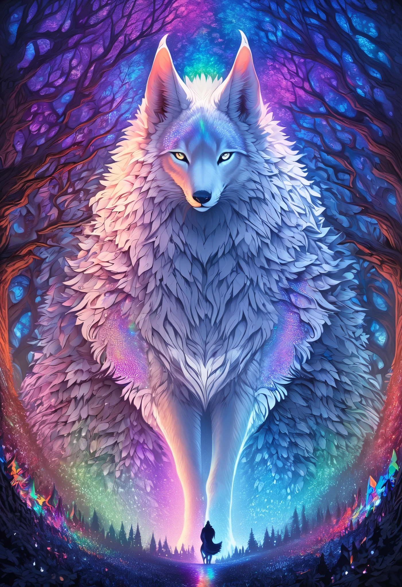 ultra detailed, absolutely resolution, masterpiece, Fenrir is a mega huge gigantic creature, much larger than the trees of the forest, with beautiful silvery white long fur and a dignified expression, shining sharp eyes, he lives deep in a mysterious forest, fairytale fantasy wonderland worldview, various colorful iridescent foggy glitter effects, extremely delicate depiction, extremely clear image, fusion of paper cutting and shadow art, conceptual installation fantasy art