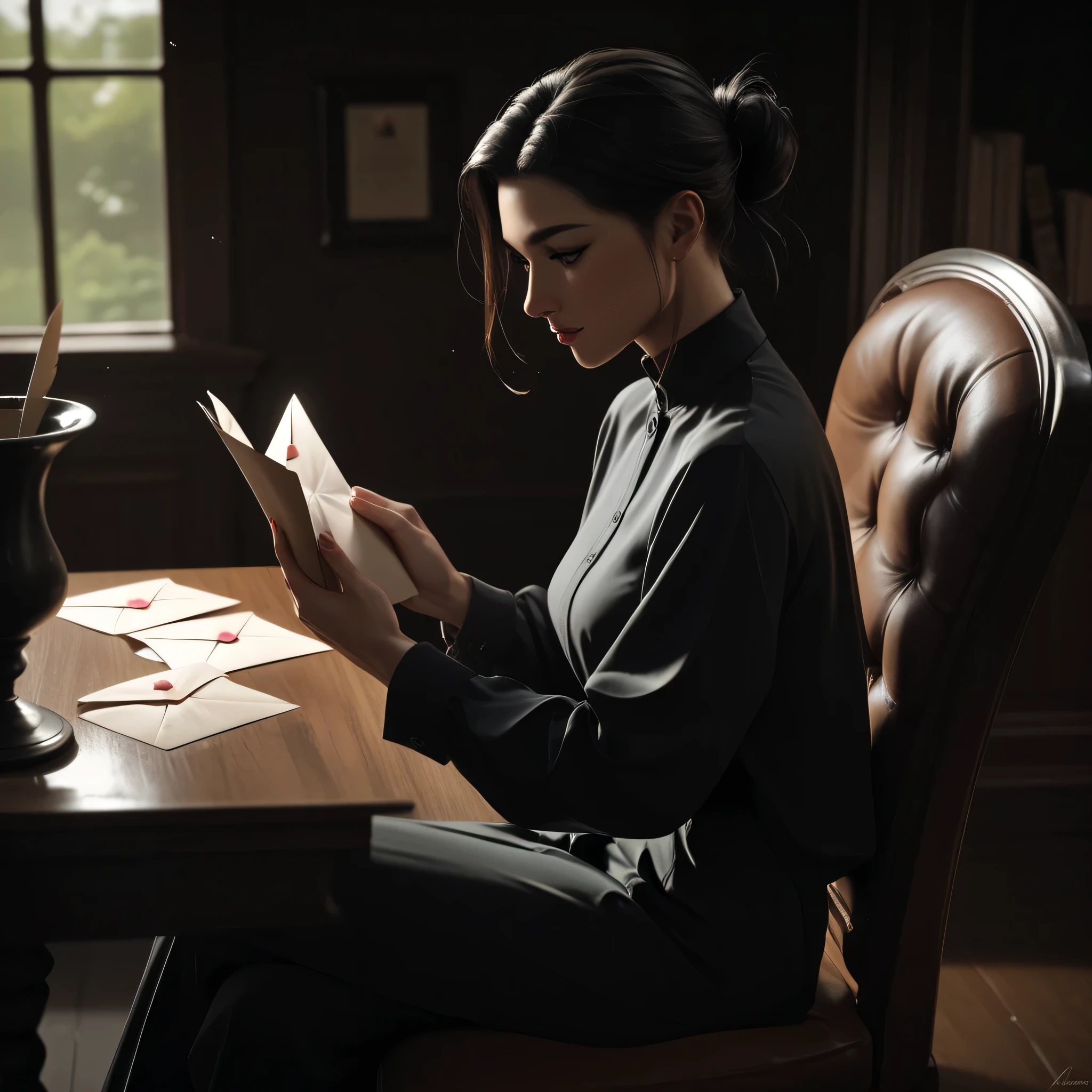 longe hair, black eyes, Sitting on a chair reading a letter.