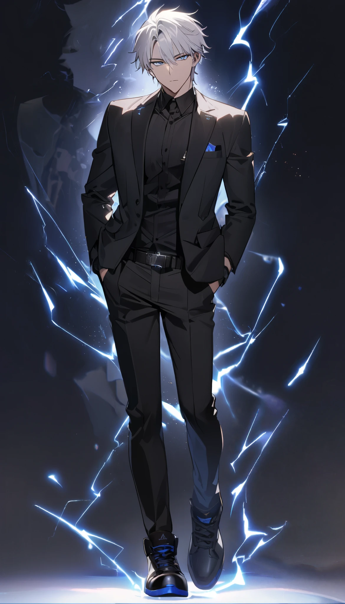1 guy, handsome,i need my character to have blue eyes white hair and wearing a a black jordan shoes and a cool black jacket and a lightening aura around him at night with a moon behind an his blue eyes glow(full body pic) pay attention to the eyes make sure they look alike 