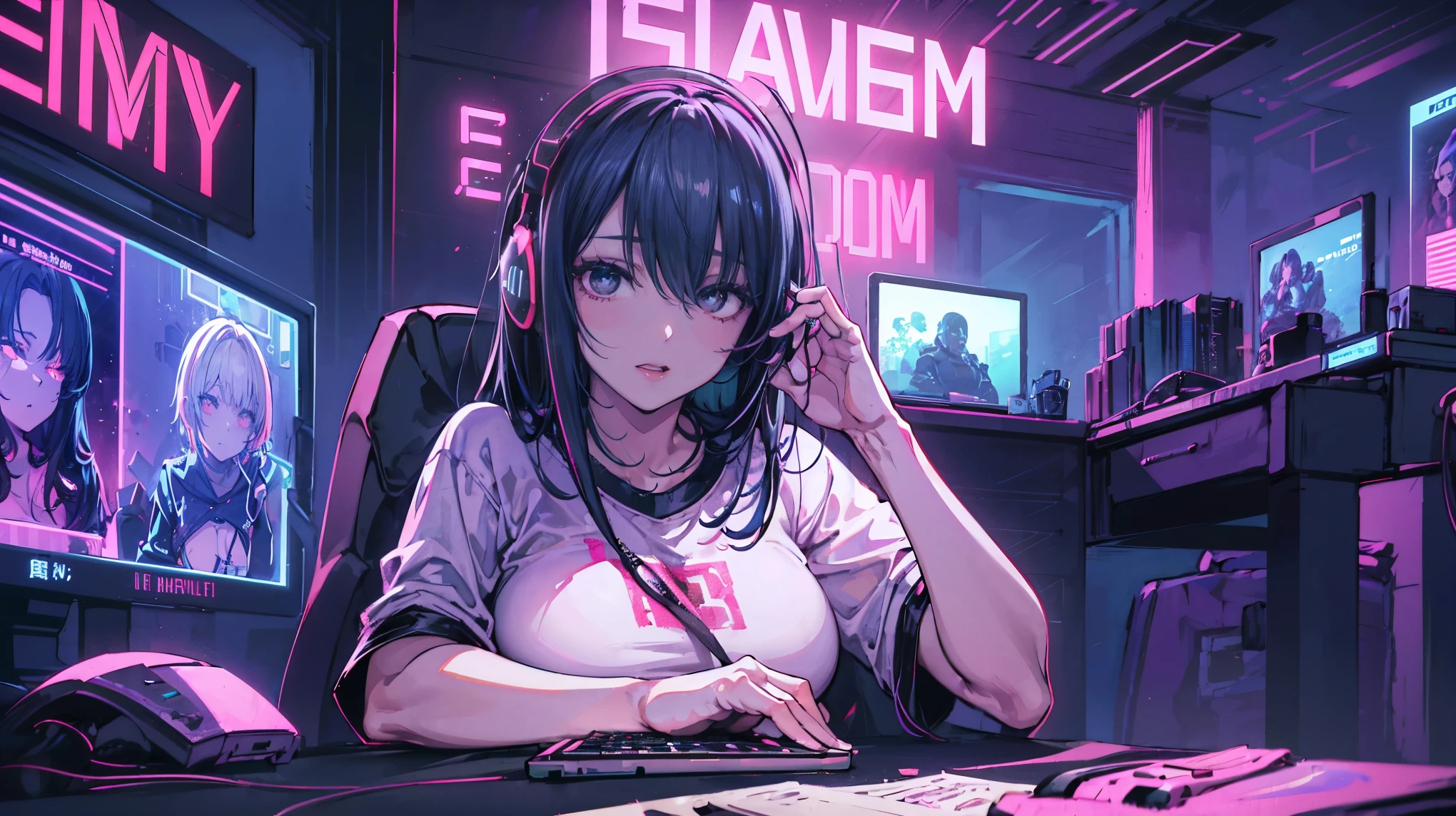 masterpiece, best quality, highly detailed, ultra-detailed, (anime semi-realistic:1.3), soft lighting, cinematic shading, (sharp focus:1.2), beautiful detailed face, expressive eyes, soft glowing light reflections 1girl, slightly chubby, small belly, thick thighs, long messy black hair, black eyes, fair skin, wearing a loose t-shirt and shorts, sitting on a black gaming chair, leaning back slightly, one hand on mouse, other hand resting on desk, wearing large over-ear headphones, focused expression, slightly open mouth, modern gaming setup, mechanical keyboard with RGB lights, glowing gaming mouse, energy drink can on desk, multiple monitors, futuristic cyberpunk screen glow, anime and gaming posters on walls, dark room with soft purple and blue neon lights reflecting on her face and hair, cozy and high-tech atmosphere.(beautiful lighting, cinematic lighting:1.3) (neon light from screen, soft shadow, glowing effect:1.2)