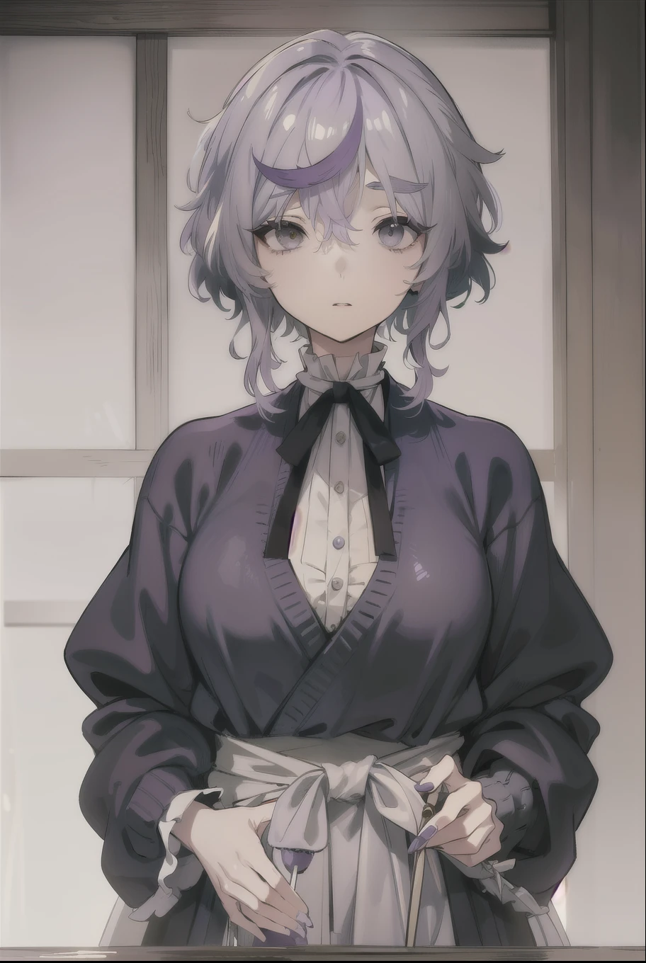 attractive young woman, dull black eyes, neck length thick fluffy curly (lavender colored hair: 1.3), tomboyish features, sweater, early 20s, gabimaru from hells paradise, medium breasts 