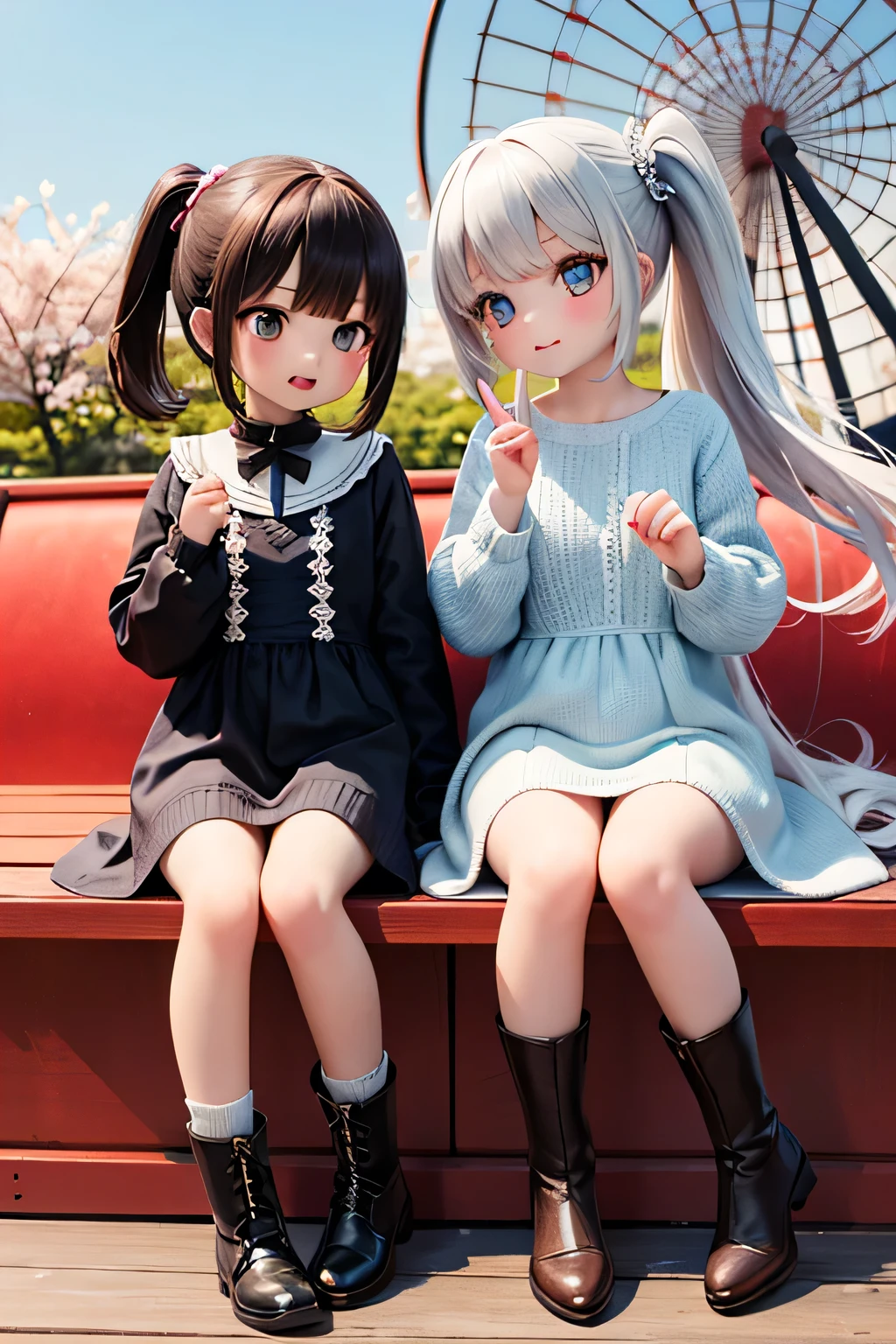 top quality、 high res、( high image quality:1.2)、 Masterpiece、 detailed background、Teenage beauty、( huge breasts)、( very detailed faces :1.2)、 detailed expressions 、( Details:1.2)、 anatomically correct、(Normal number of fingers:1.2)、Bright-colored hair、 braided bob cut 、 ponytail、
Eat spring-only cherry blossom sweets、(Two girls relaxing while admiring the spring scenery on a ferris wheel:1.5)、Take a photo together、 knitted dress in the bookstore、 Short Boots、 Add cuteness with a simple but spring-like light-colored dress、Put it together in a slightly cool way with boots 、 cute