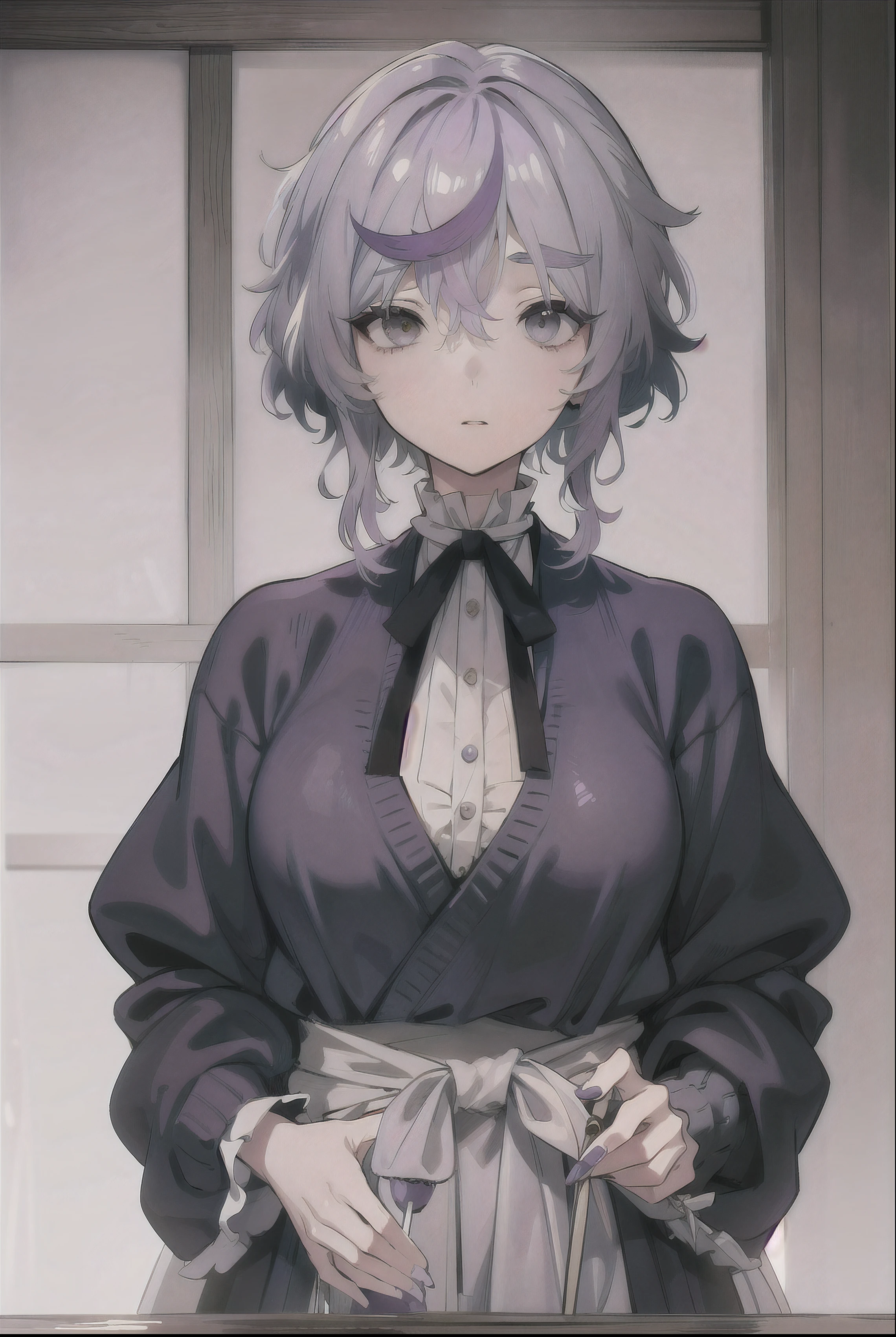 attractive young woman, dull black eyes, neck length thick fluffy curly (lavender colored hair: 1.3), tomboyish features, sweater, early 20s, gabimaru from hells paradise, medium breasts