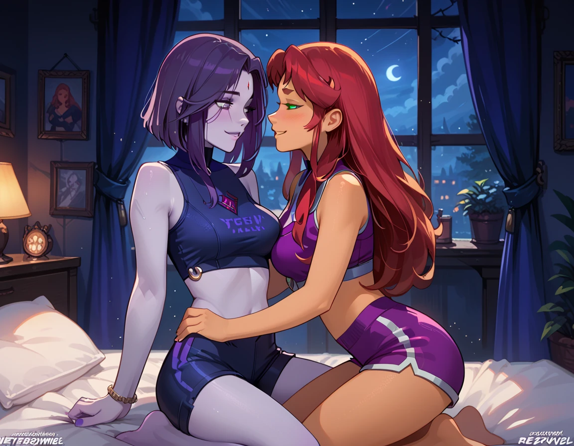 score_9, score_8_up, score_7_up,score_6_up, BREAK, source_western, 2girls, lingerie, teen titans, raven, starfire, raven and starfire, erotica