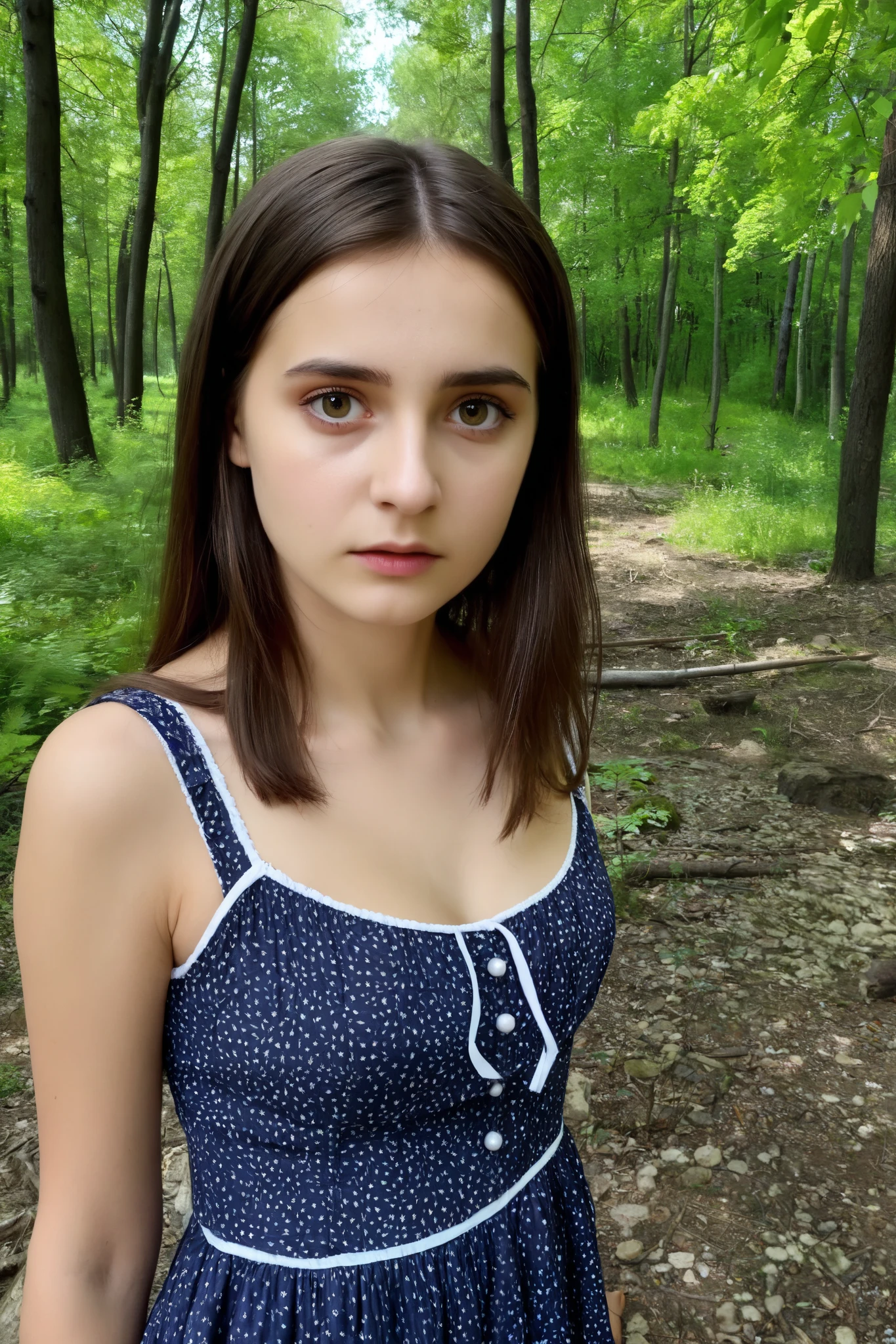 My dead 22 year old real life true Moldovan sister Marina looks at me trying to help me.in the forest 