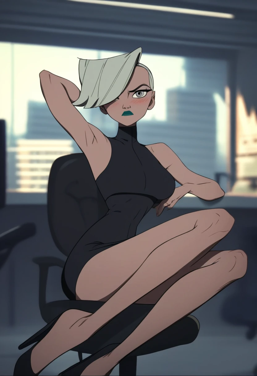 (dark theme:0.6), glukoza, 1girl, solo, short hair, sitting on the edge of the roof of a skyscraper, shooting from a drone, nude body,  makeup,  (by paul zizka:1.2), white hair, lipstick, zoom out,  looking at viewer, grey eyes, blurry, (cyberpunk:1.3)(hdr:1.22), muted colors, complex background, hyperdetailed, art [[by jordan grimmer]], smiling 