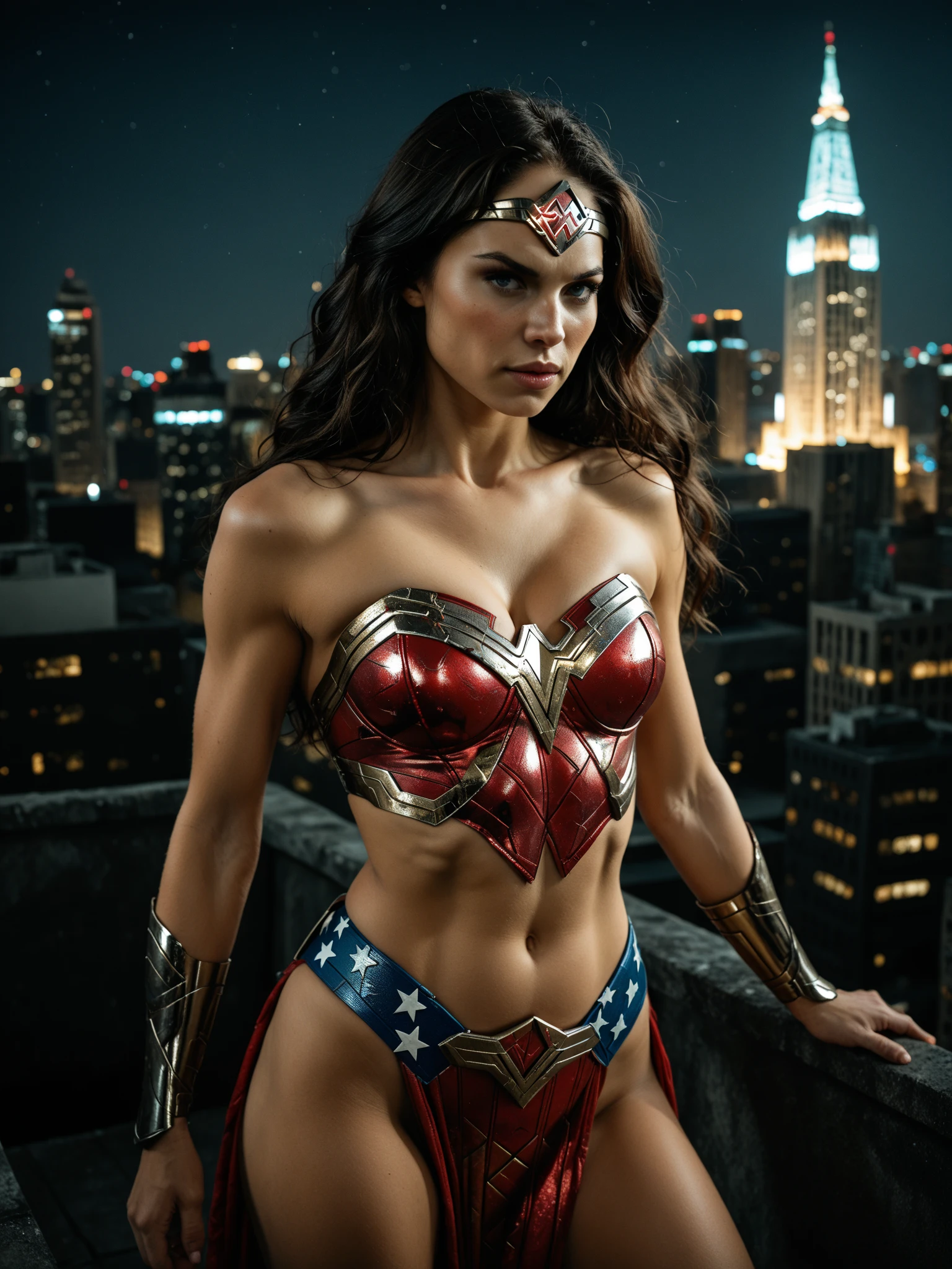 Surrealist Wonder Woman, Perfect body, Perfect face, Perfect hands, Perfect, Legs, city on fire, Detailed and Intrincicate, bioluminicense, Sexual suggestiveness,no suspenders,vacuum,Runaway water,legs separated