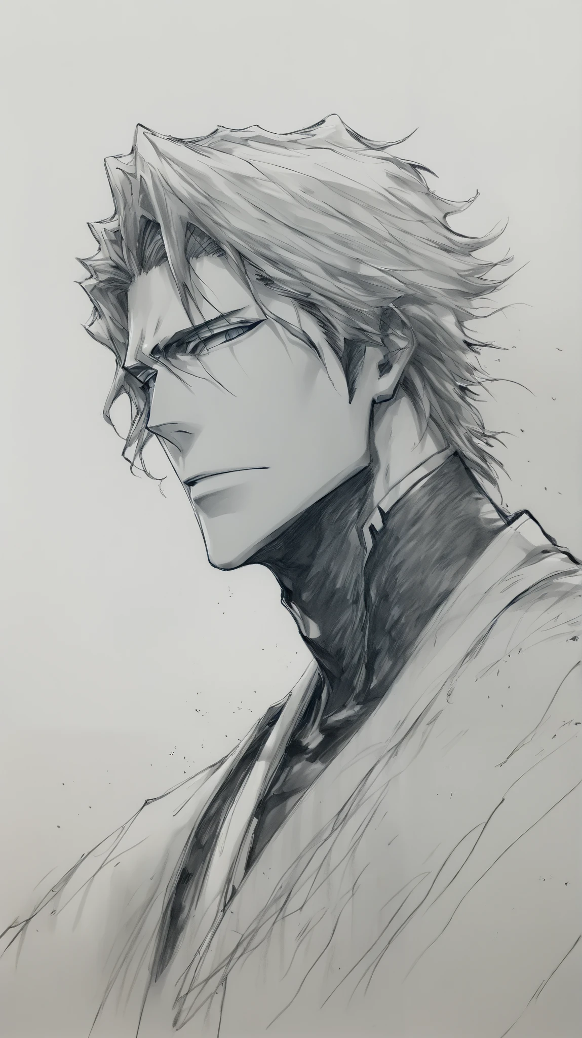 (masterpiece), (best quality), (ultra-detailed), 1boy, solo, aizen sousuke, vslinxaizen_arrancar, bleach, light particle, particle, shadow, black detailed pupils, simple background, monochrome, greyscale, traditional media,  sketch, detailed lines, sketch, manga style , pencil sketch style, soft shading, soft delicate features, half body, looking at viewer