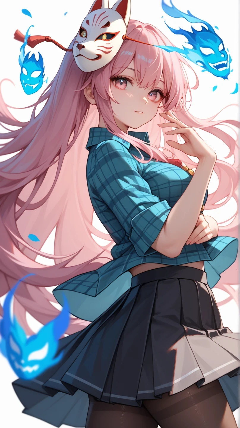 ( ,   Very nice work   .,      top quality     , , very   high definition   ),     1 girl    ,      Hata no Kokoro     ,      Fox Mask,      Pink Hair,      long hair,      Pink Eyes     ,      emotionless face      ,  ,  mask on the head   ,   With the mouth closed     ,      blue plaid shirt  ,  Pleated skirt,   black skirt  , Blue Flame,     Standing Pose ,  simple background  ,  top detail  ,    high definition    ,   perfect breasts   ,  Tights ,   Sexy pose   , Attractive