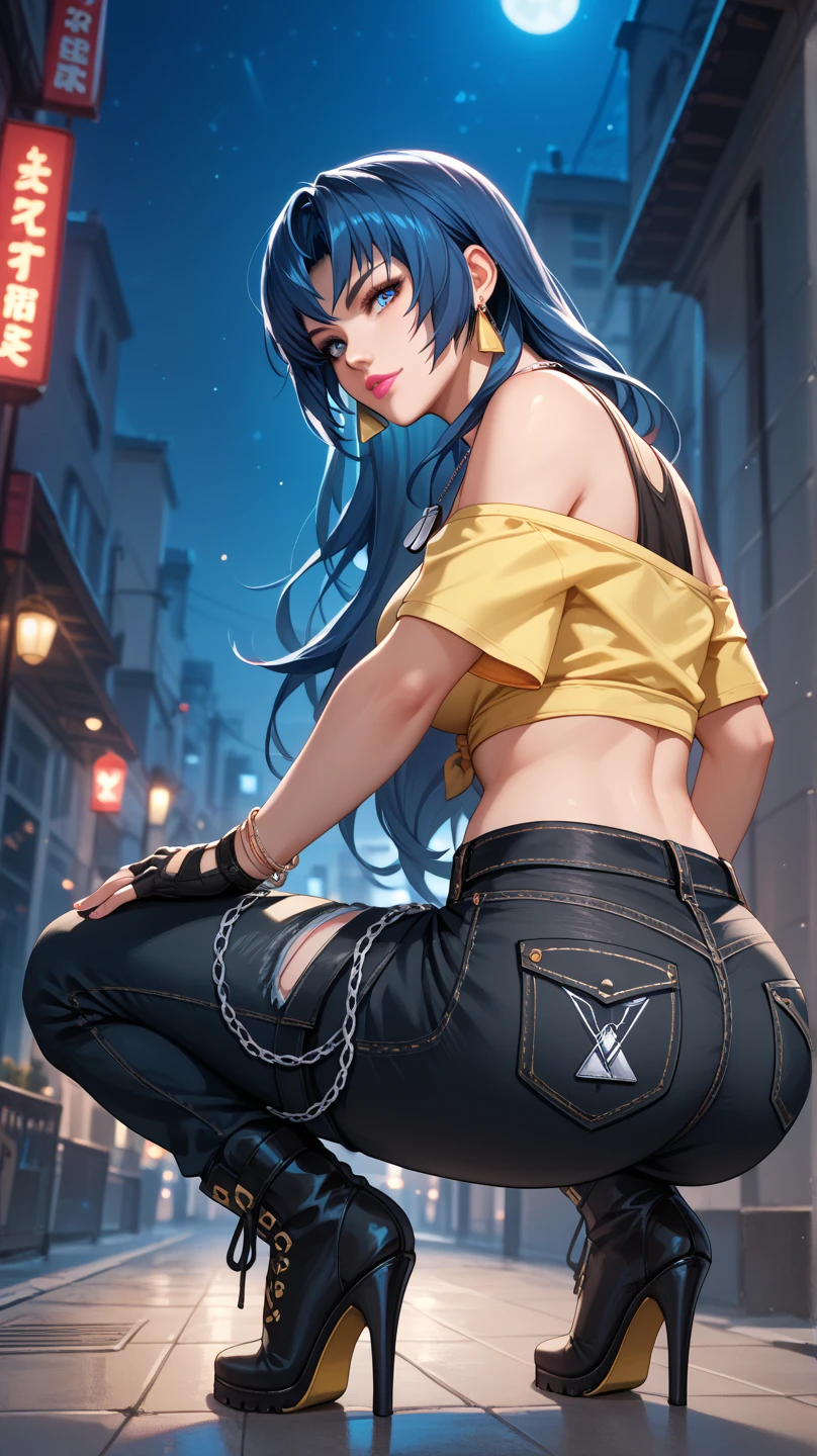 ((mejor calidad)) ((obra maestra)) beauty girl blue eyes big breast big ass jeans oversized shirt black hair long hair cute face
