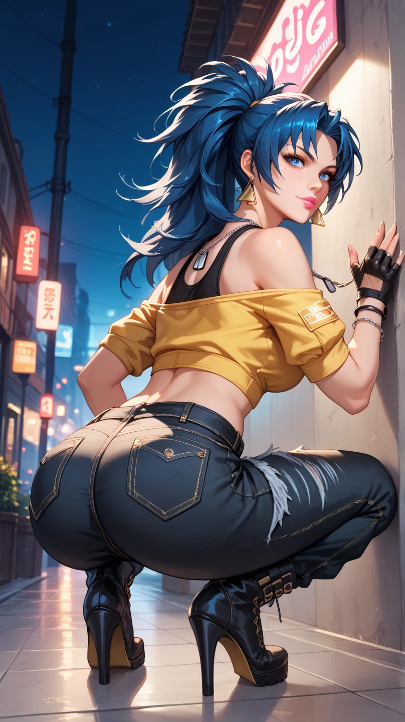 8k_wallpaper, extremely detailed eyes, extremely detailed body, (large masterpiece digital art), (detailed manga illustration), (detailed line art), ((perfect anatomy)), (intricate details:1.3), (ultra-detailed:1.3), (illustration:1.3), (sharp focus:1.3), (natural lighting:1.05), (vivid colors:1.3), (masterpiece), best quality, expressive eyes, perfect face, 1 girl, breasts, cleavage, gloves, huge breasts, casual clothes, white shirt, tee shirt, denim jacket, jacket, fur trim, detailed {{blue hair}}, medium hair, messy hair, (gray eyes), hourglass physique, black short, denim shorts, dynamic pose, huge ass, dynamic lighting,