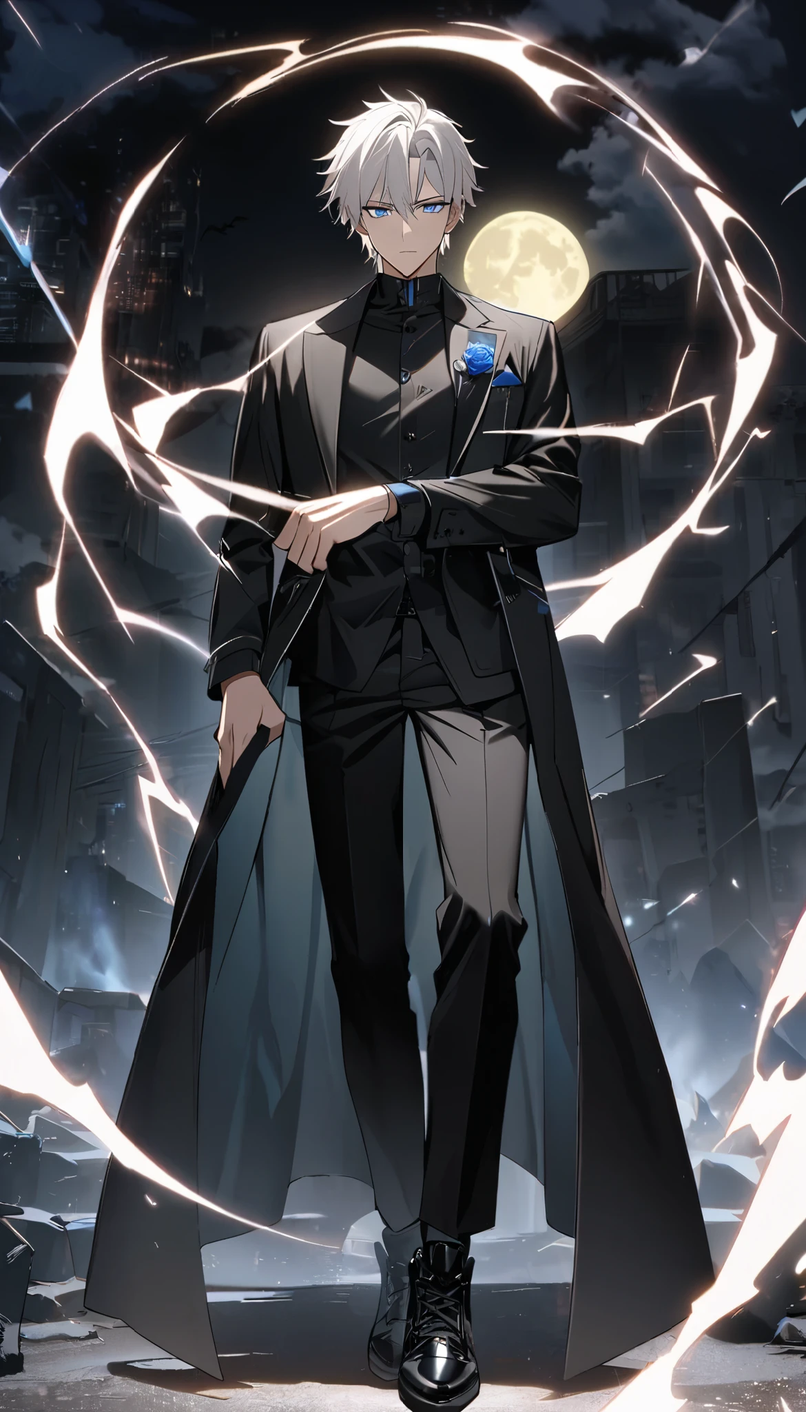 1 guy, handsome,i need my character to have blue eyes white hair and wearing a a black jordan shoes and a cool black jacket and a lightening aura around him at night with a moon behind an his blue eyes glow(full body pic) pay attention to the eyes make sure they look alike