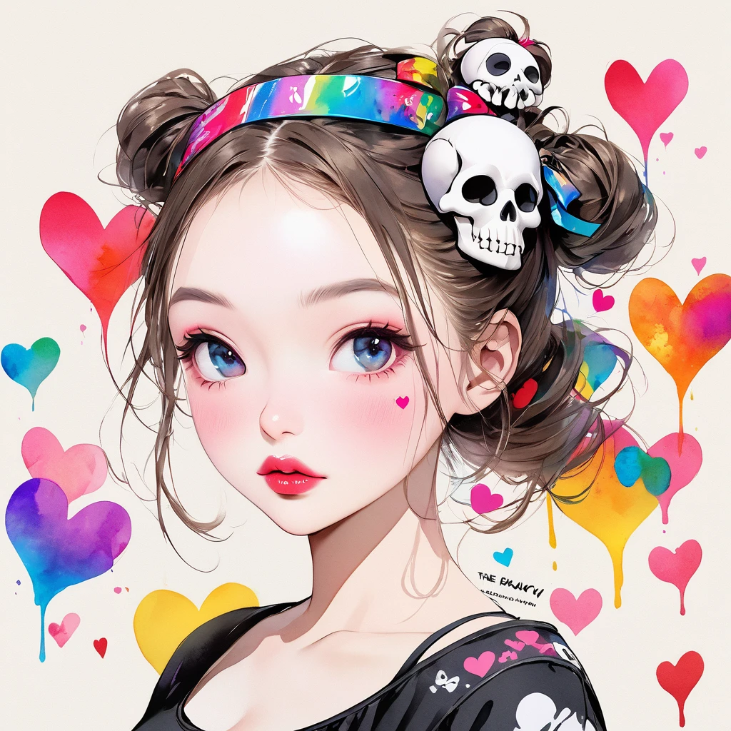a lady with black hair, glasses, a skull, makeup and a red bow, solo, heart, 1girl, glasses, earrings, jewelry