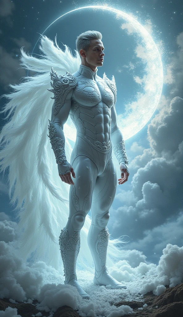 Crie uma obra de arte em 3D de um homem celestial usando um roupa branca adornado com (((detalhes intrincados))). A obra deve incorporar a (((best possible quality))), with an emphasis on (((detalhes extremos))) e uma (((Complex composition))). Utilize uma paleta de cores que reflita uma aura celestial, com tons suaves de azul, Ethereal white and subtle touches of gold. Make sure the composition exudes a sense of otherworldly beauty and tranquility. Inspire-se em artistas como (((H.R. Giger))), (((ZBrushCentral))), e (((Vitaly Bulgarov))), masculine, manly, man, beard