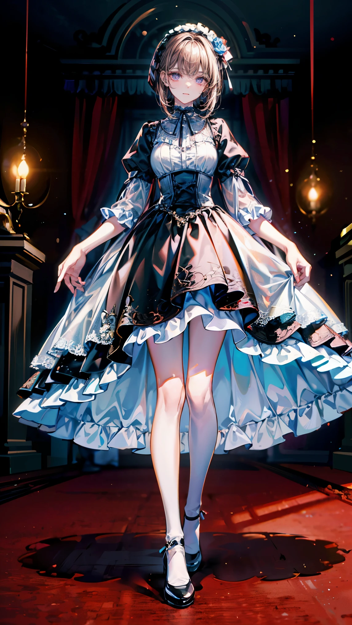 Full-body wide view, a woman manipulated by strings, 8K resolution, high detail, around 20 years old, (one female:1.5), brown hair, drooping eyebrows, purple eyes, gothic outfit, chocolate-themed outfit, black veil, fluffy skirt brown Lolita dress, white tights, brown shoes, black, strings, black castle-like set, stage, ((UHD, masterpiece, super detail, best quality, highres, 8k)), (detailed line art), {perfect face, perfect body, perfect hands, perfect feet}.