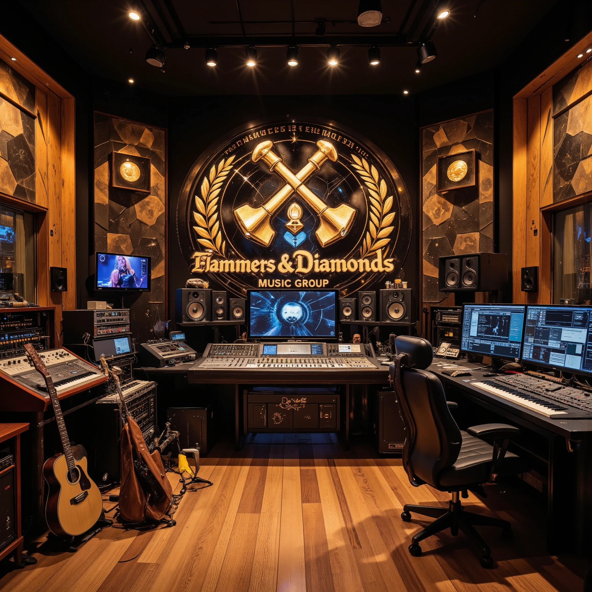 A state-of-the-art music recording studio, meticulously equipped with high-end audio production gear: a large mixing console with glowing LED meters, an array of analog synthesizers, drum machines, and vintage compressors, alongside modern digital audio workstations displayed on ultra-wide monitors. Surrounding the space, floor-to-ceiling soundproofing panels with acoustic foam in sleek geometric patterns, and racks filled with pristine microphones, preamps, and amplifiers. 

The studio boasts a professional vocal booth with a golden pop filter microphone, surrounded by warm ambient lighting. High-end studio monitors rest on wooden stands, positioned perfectly for optimal sound mixing. An electric guitar with polished strings leans against a plush leather swivel chair, while the hardwood floor gleams under soft, directional lighting.

On the walls, prominently displayed, the "Hammers & Diamonds Mu$ic Group" logo is intricately engraved. The bold black design features two crossed hammers with sleek, polished handles, flanked by sparkling diamonds and surrounded by a laurel wreath. Beneath the striking text "Hammers Diamonds," the phrase "Circa 1981" is etched in fine detail, alongside diamond-style vinyl records glimmering under subtle backlighting.

The atmosphere is dynamic and inspiring, with an artistic interplay of warm and cool lighting creating a cinematic glow. Every detail of the studio exudes luxury, creativity, and craftsmanship, inviting music producers and engineers to unleash their full potential. ((best quality:1.6)), ((high detail:1.5)), ((masterpiece:1.6)), ((8K:1.6)), ((ultra-realistic:1.5)).