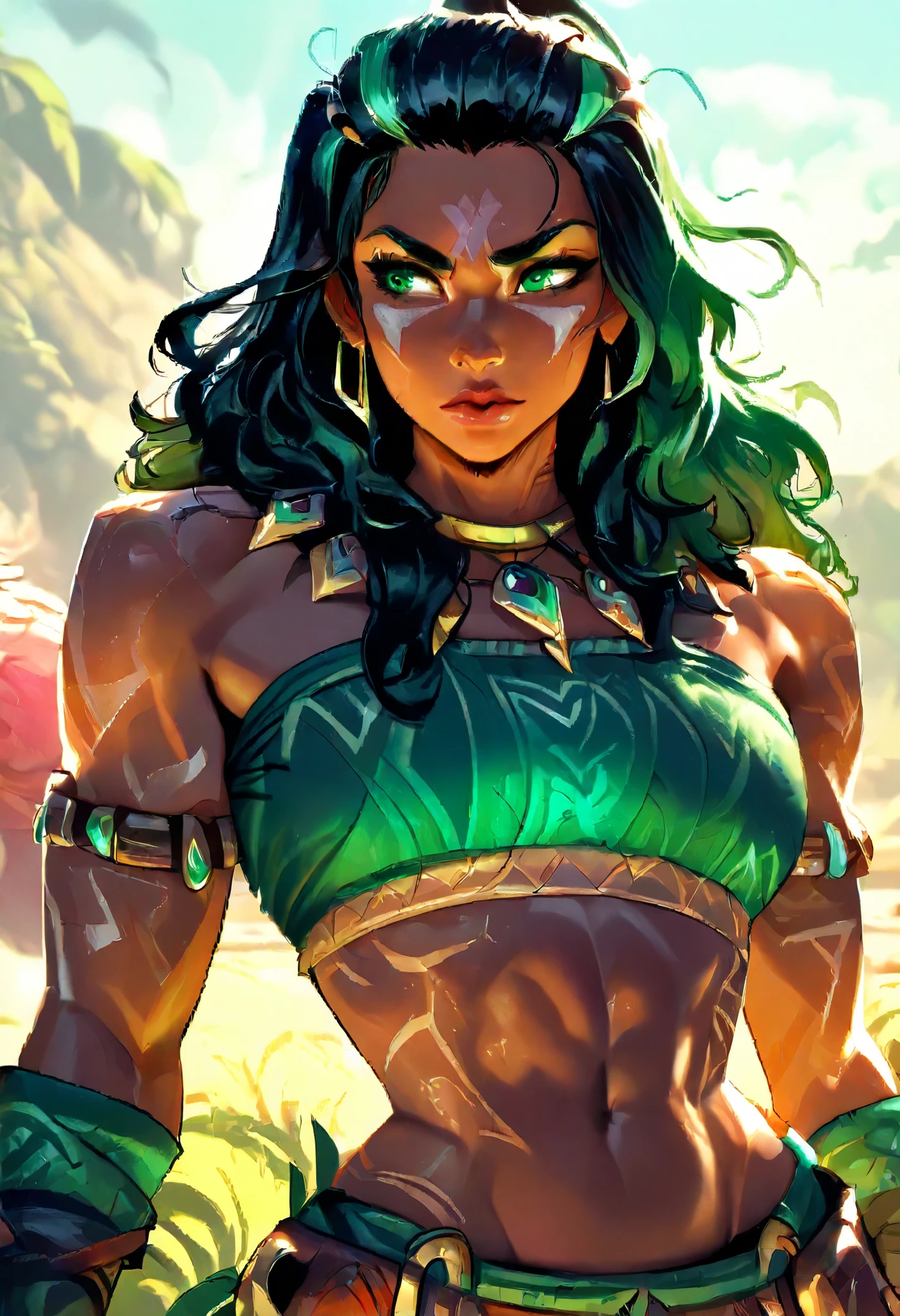 Empowered black/afro woman, beautiful green eyes, thin face, fleshy lips (sensual), earrings, necklace with rubies/afro stones, straight hair, short at shoulder height, very smooth, wine color/dark red, bottom view, bottom close-up, wakanda fighting suit, short inspired by Africans, very thin detailed bikini, low-cut, large breasts very voluminous, Semi naked, full body, slim, flat belly, skirt up to the knee open in front, carrying African fighting bat, medium hip, rounded prancing ass, hot, extremely sexy, savannah with trees in the background, tribal tatoo