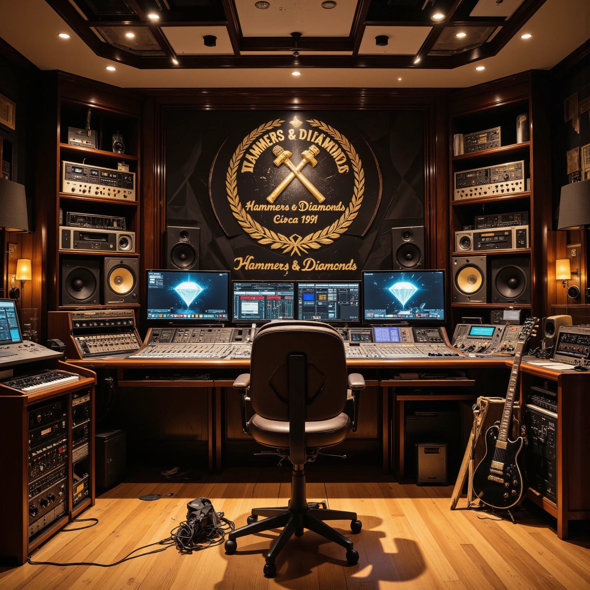 A state-of-the-art music recording studio, meticulously equipped with high-end audio production gear: a large mixing console with glowing LED meters, an array of analog synthesizers, drum machines, and vintage compressors, alongside modern digital audio workstations displayed on ultra-wide monitors. Surrounding the space, floor-to-ceiling soundproofing panels with acoustic foam in sleek geometric patterns, and racks filled with pristine microphones, preamps, and amplifiers.
The studio boasts a professional vocal booth with a golden pop filter microphone, surrounded by warm ambient lighting. High-end studio monitors rest on wooden stands, positioned perfectly for optimal sound mixing. An electric guitar with polished strings leans against a plush leather swivel chair, while the hardwood floor gleams under soft, directional lighting.
On the walls, prominently displayed, the "Hammers & Diamonds Mu$ic Group" logo is intricately engraved. The bold black design features two crossed hammers with sleek, polished handles, flanked by sparkling diamonds and surrounded by a laurel wreath. Beneath the striking text "Hammers Diamonds," the phrase "Circa 1981" is etched in fine detail, alongside diamond-style vinyl records glimmering under subtle backlighting.
The atmosphere is dynamic and inspiring, with an artistic interplay of warm and cool lighting creating a cinematic glow. Every detail of the studio exudes luxury, creativity, and craftsmanship, inviting music producers and engineers to unleash their full potential. ((best quality:1.6)), ((high detail:1.5)), ((masterpiece:1.6)), ((8K:1.6)), ((ultra-realistic:1.5)).
