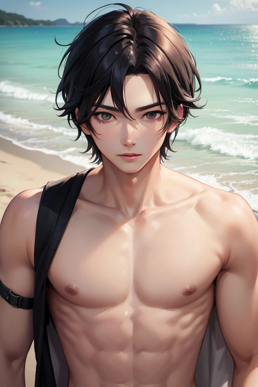 high quality, detailed, Realistic, (one  japanese boy), (detailed black eyes), (abs:1.5), (shiny skin), detailed nipples, black hair, (black tiny thong), (erected bulge), summer beach, (smile:0.7), close up face, laying, sweat,