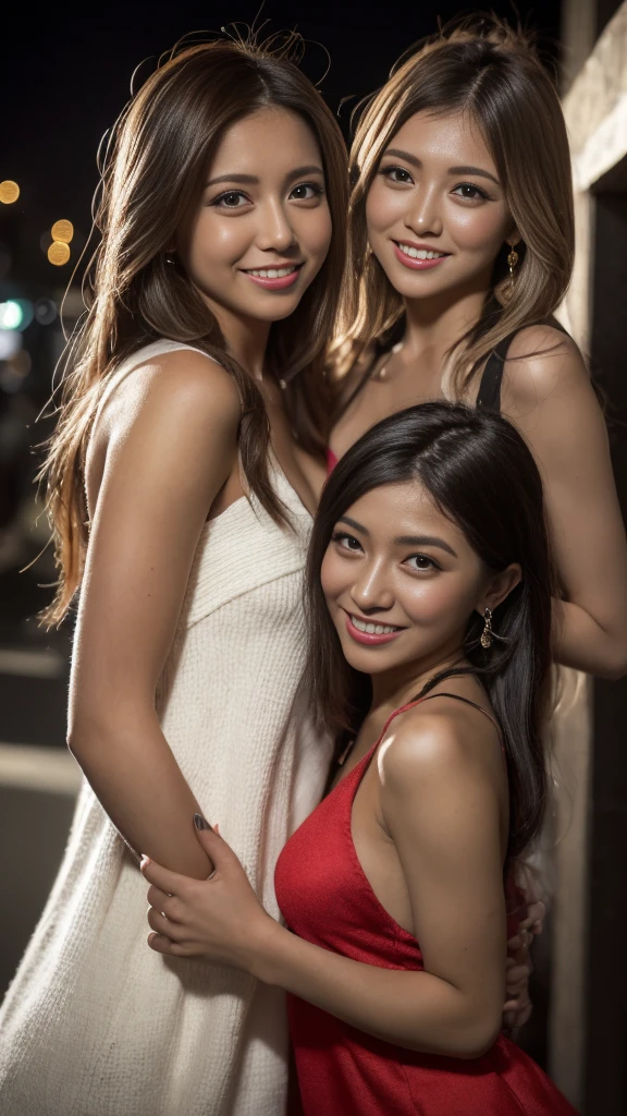 Three Asian women in elegant, flowing dresses with a New York City night background.