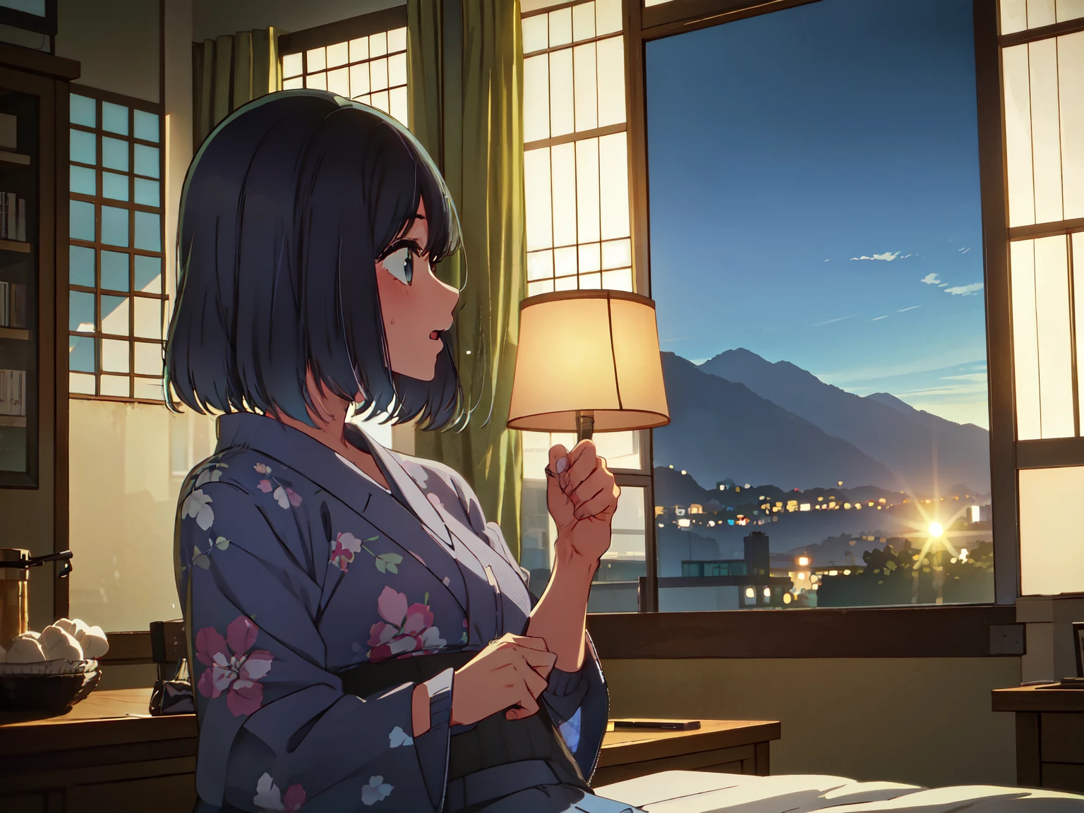  looking out of a window、from behind、Akane Kurokawa、 surprised face、profile