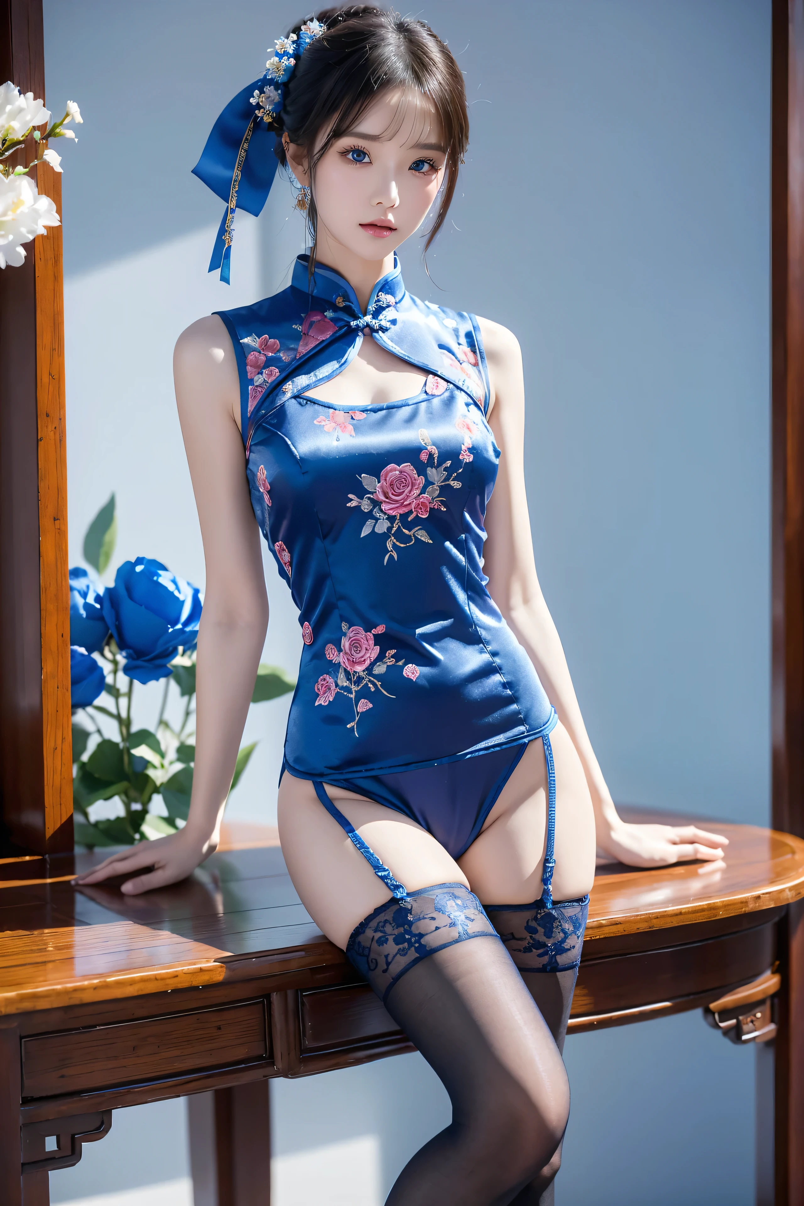 Cheongsam, 1 girl, blue bow, blue eyes, blue flowers, blue ribbon, blue rose, chest, Chinese clothing, Chinese clothing, dress, flower, gradient, gradient background, embroidered ball flower, looking at the audience, small chest, pantyhose, rose, single, thigh pantyhose, Chinese paper fan with painting on it,