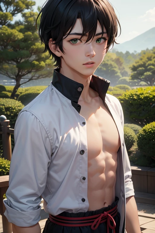 autumn maples，age uncensored，Handsome，White，Right side of the face，Holding an autumn maple，quadratic element，solo person，15year old，male people，Getaway，comfortable，rays of sunshine，cheerful，musculature，bareness