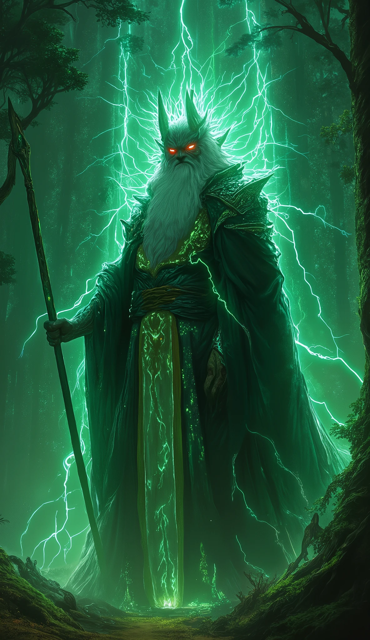 (8k,  top quality ,  masterpiece ,   Final fantasy style : 1.2), Proximity Method, 8k,  very well detailed,  accurate,  top quality,  masterpiece, Forest Spirit, Guardian of the Forest、Raijin Ramu、Wear lightning all over your body、lightning、It is enshrined in a deep forest temple、A huge old man with a long beard、Big walking stick、 sharp eyesight、 red eyes、 expression of anger、Long Robe, Floating in the air and standing still、 Magic Rim
