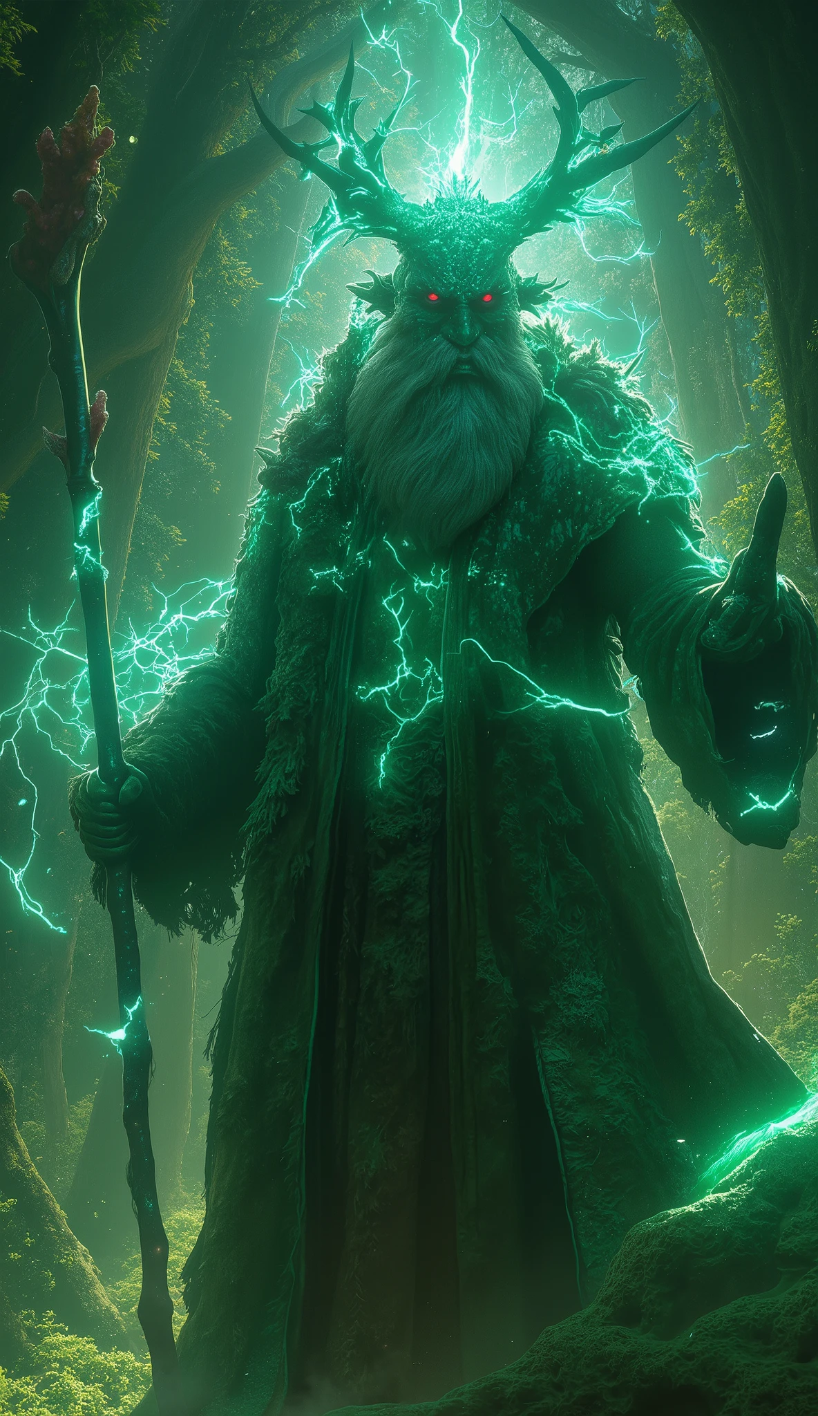(8k,  top quality ,  masterpiece ,   Final fantasy style : 1.2), Proximity Method, 8k,  very well detailed,  accurate,  top quality,  masterpiece, Forest Spirit, Guardian of the Forest、Raijin Ramu、Wear lightning all over your body、lightning、It is enshrined in a deep forest temple、A huge old man with a long beard、Big walking stick、 sharp eyesight、 red eyes、 expression of anger、Long Robe, Floating in the air and standing still、 Magic Rim